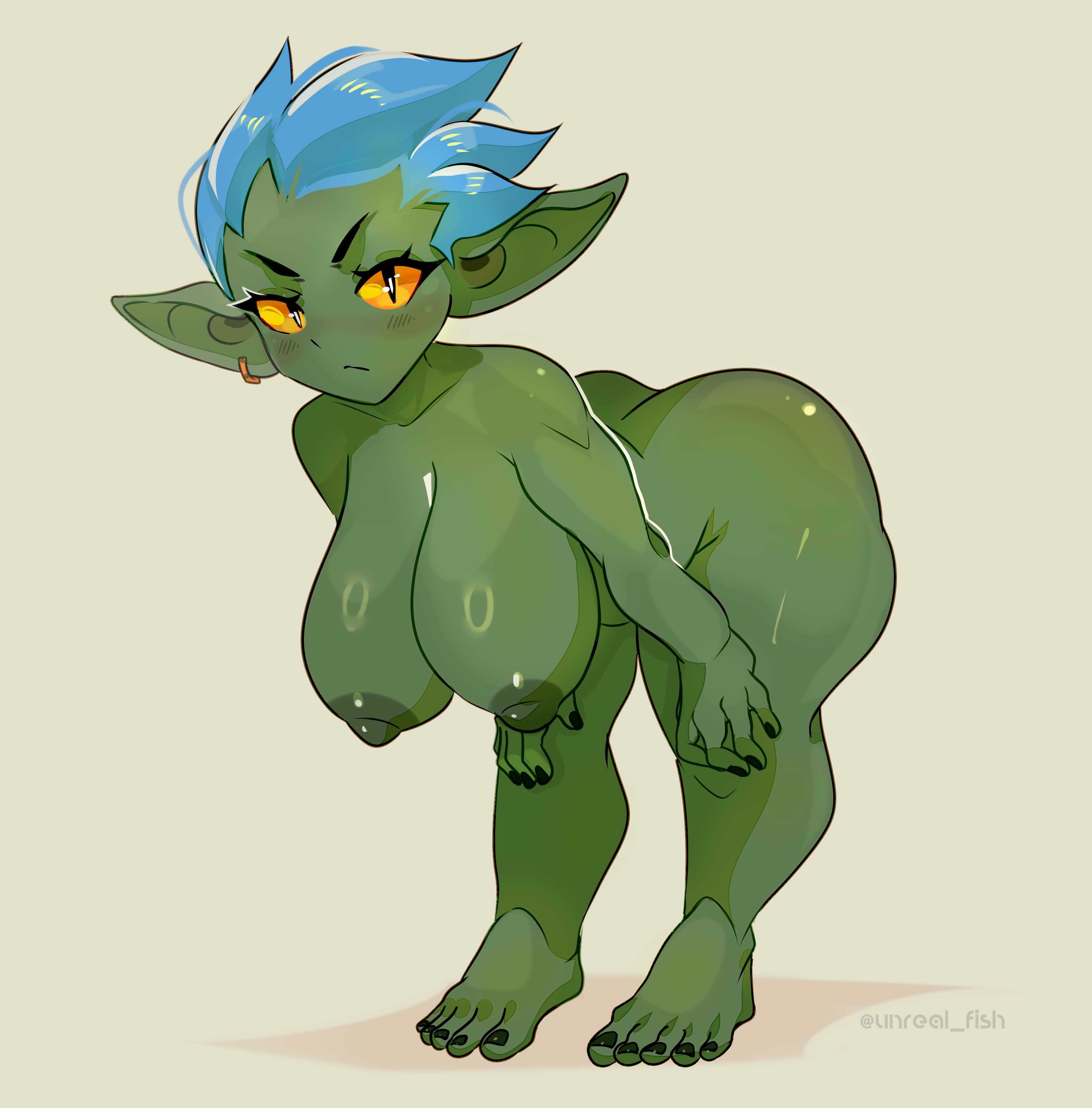unreal fish, original, absurdres, commentary, english commentary, highres, 1girl, black nails, blue hair, blush, breasts, colored sclera, completely nude, earrings, female goblin, goblin, hands on own knees, hanging breasts, huge breasts, jewelry, large ears, leaning forward, nipples, nude, orange sclera, pointy ears, short hair, shortstack, single earring, slit pupils, solo, spiked hair, twitter username