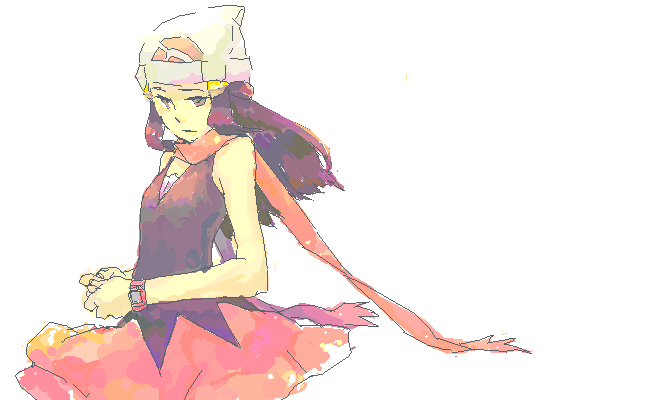 dawn (pokemon), nintendo, pokemon, painting (medium), traditional media, watercolor (medium), 1girl, beanie, brown eyes, brown hair, female focus, hat, long hair, oekaki, poketch, scarf, simple background, solo, watch, white background, wristwatch