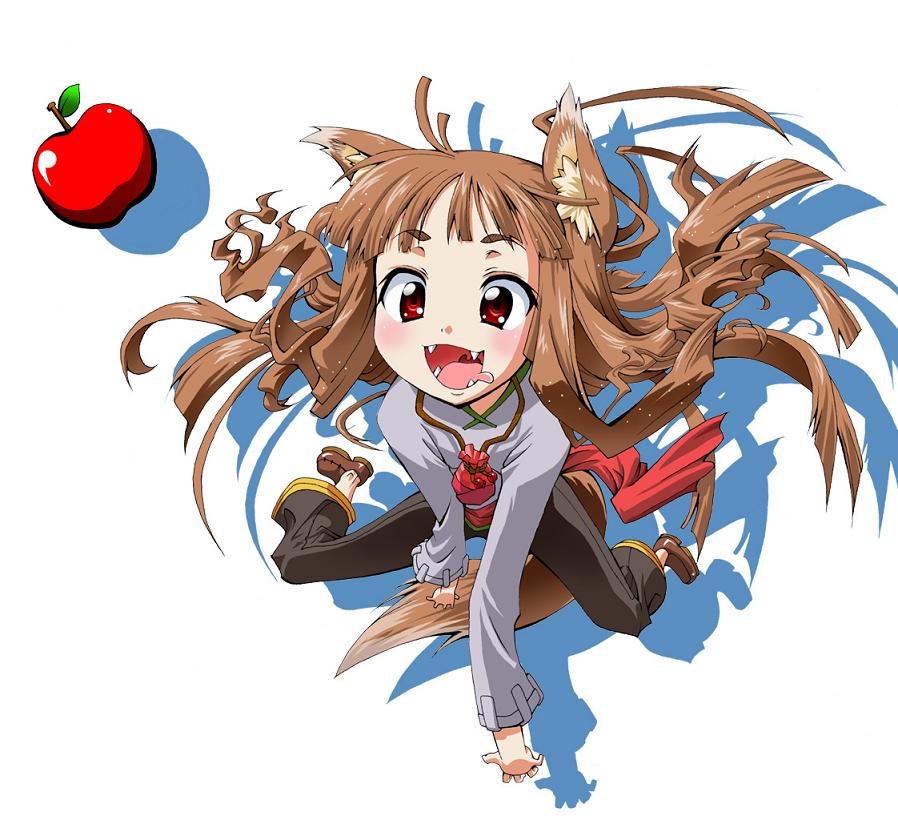 tsukino kitsune, holo, spice and wolf, 00s, animal ears, apple, fangs, food, fruit, solo, tail, wolf ears, wolf tail