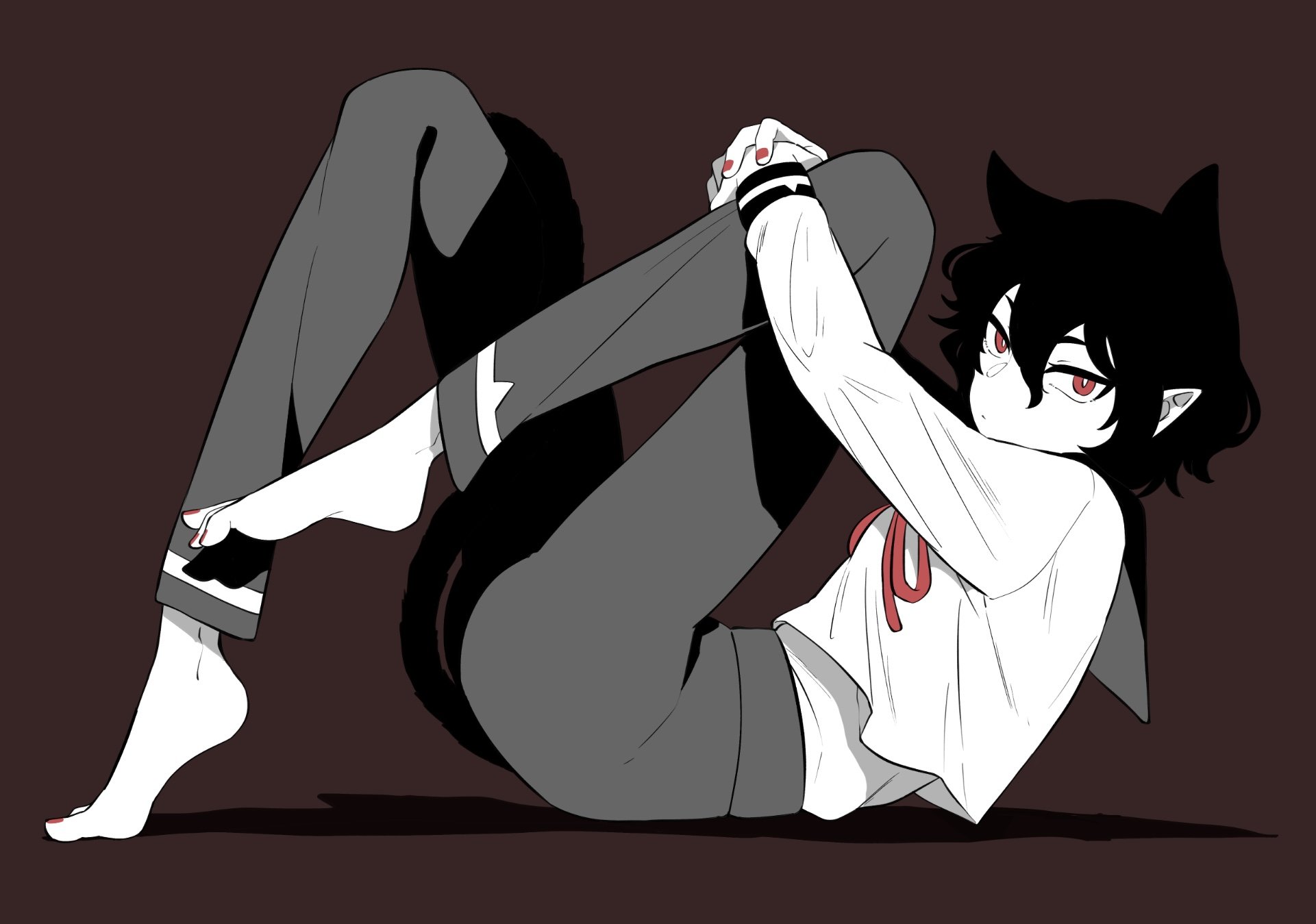opera (iruma-kun), mairimashita! iruma-kun, highres, 1other, animal ears, barefoot, cat ears, cat tail, closed mouth, expressionless, extra ears, full body, hair between eyes, high-waist pants, hugging own leg, isiko mim z, long sleeves, lying, nail polish, on back, other focus, pants, pointy ears, red eyes, red nails, red ribbon, ribbon, sailor collar, school uniform, serafuku, shirt, short hair, simple background, solo, spot color, tail, tail around own leg, tail wrap, toenail polish, toenails, undershirt