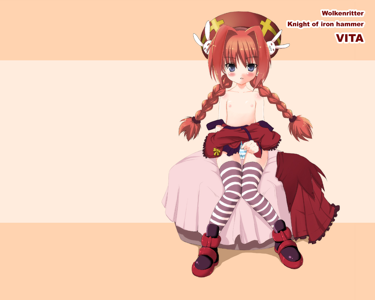 pikazo, vita (nanoha), lyrical nanoha, mahou shoujo lyrical nanoha, mahou shoujo lyrical nanoha a's, painttool sai (medium), 00s, 1girl, female focus, loli, panties, solo, striped clothes, striped panties, striped thighhighs, thighhighs, topless female, underwear, zettai ryouiki