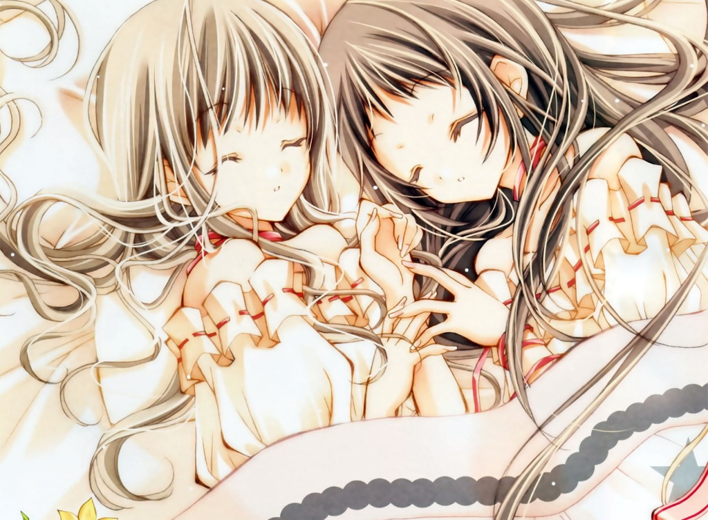 takumi namuchi, konohana hikari, nanto yaya, strawberry panic!, official art, 00s, 2girls, bed, multiple girls, sleeping