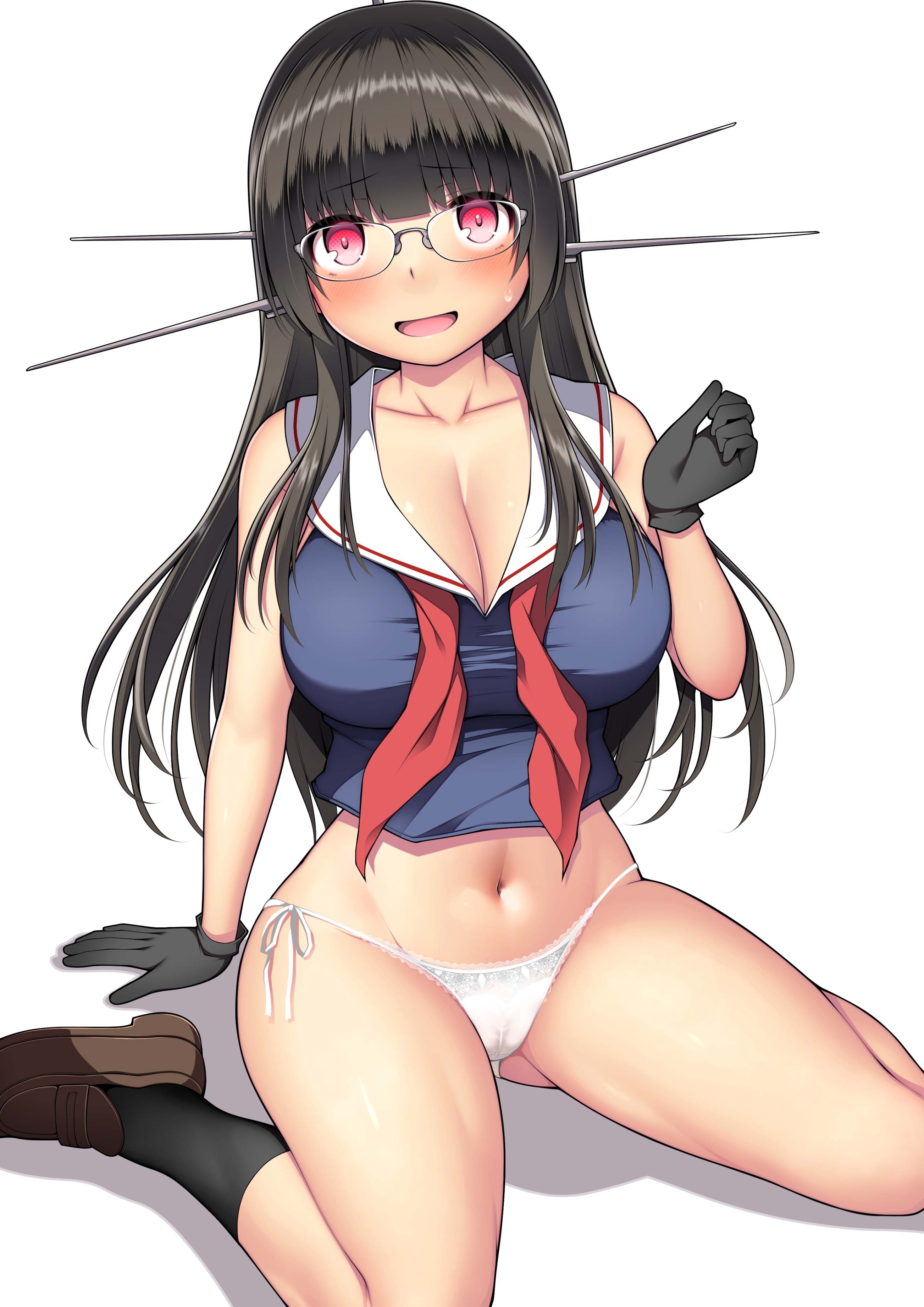 kuromayu, choukai (kancolle), kantai collection, absurdres, highres, 1girl, black gloves, black hair, black socks, blunt bangs, blush, breasts, brown shoes, cameltoe, cleavage, crop top, glasses, gloves, headgear, large breasts, loafers, long hair, looking at viewer, neckerchief, open mouth, panties, pantyhose, pink eyes, red neckerchief, sailor collar, shirt, shoes, side-tie panties, simple background, sitting, sleeveless, sleeveless shirt, socks, solo, sweat, underwear, undone neckerchief, white background, white pantyhose, white sailor collar