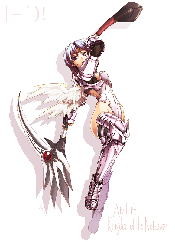 akiyama nenehisa, fantasy earth zero, 1girl, armor, female focus, full body, looking at viewer, scythe, solo, wings