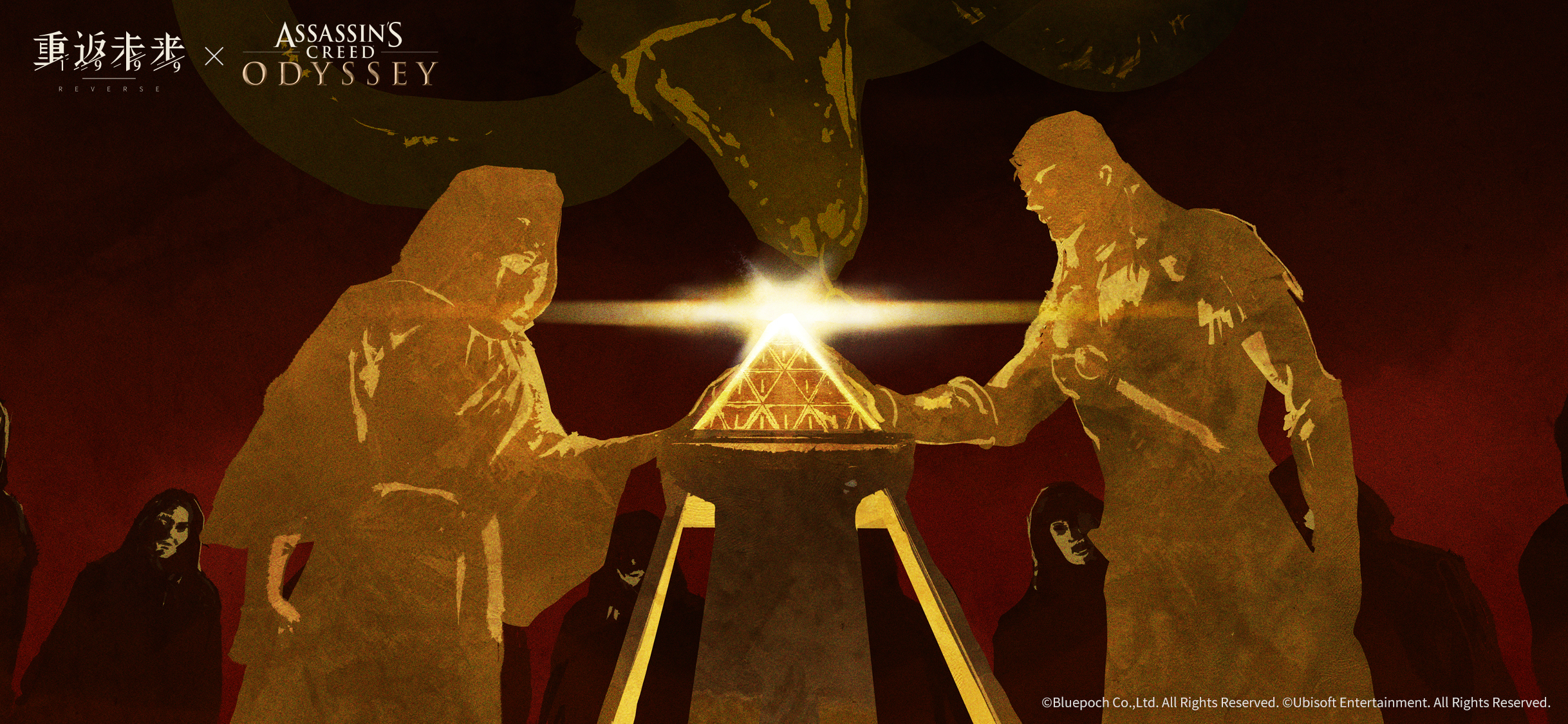 assassin's creed: odyssey, assassin's creed (series), reverse:1999, highres, official art, official wallpaper, 1boy, 1girl, 4others, alexios (assassin's creed), armor, brother and sister, copyright name, copyright notice, glint, greek armor, hood, hood up, kassandra of sparta, limited palette, logo, multiple others, pyramid (geometry), red background, robe, siblings, silhouette, snake, upper body
