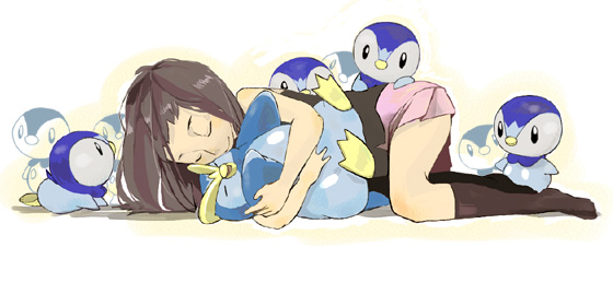 dawn (pokemon), piplup, pochama, prinplup, nintendo, pokemon, 1girl, bird, brown hair, closed eyes, cuddling, gen 4 pokemon, no headwear, penguin, pokemon (creature), pottaishi, skirt, sleeping