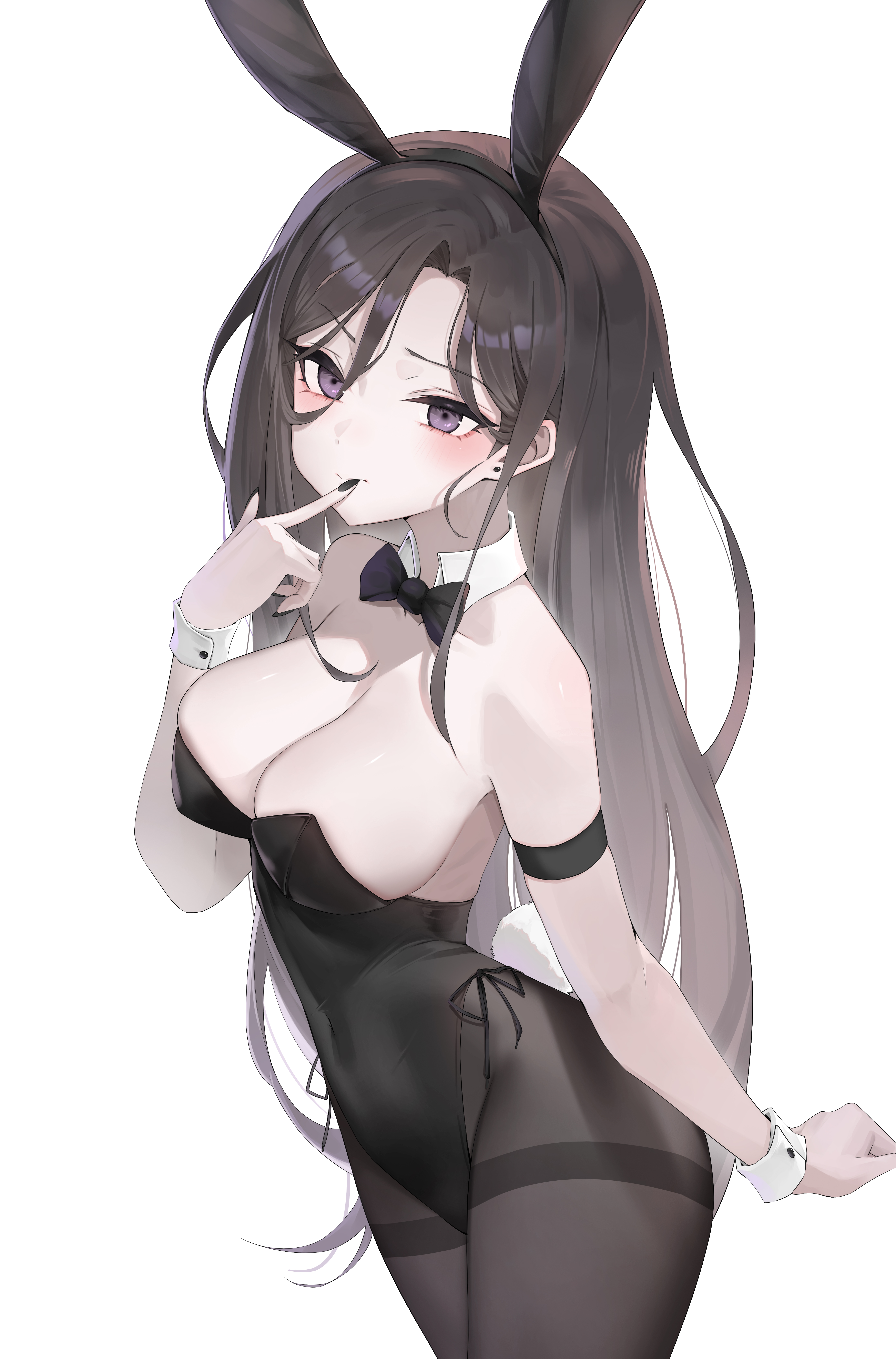 fathertrex, absurdres, highres, 1girl, animal ears, bare shoulders, black bow, black bowtie, black hair, black leotard, black nails, black pantyhose, bow, bowtie, breasts, cleavage, closed mouth, detached collar, fake animal ears, fake tail, finger to mouth, fingernails, from side, hair between eyes, han yoil, large breasts, leotard, long fingernails, long hair, looking at viewer, looking to the side, pantyhose, playboy bunny, purple eyes, rabbit ears, rabbit tail, simple background, solo, tail, today's han yoil is a woman, very long hair, white background, white wrist cuffs, wrist cuffs