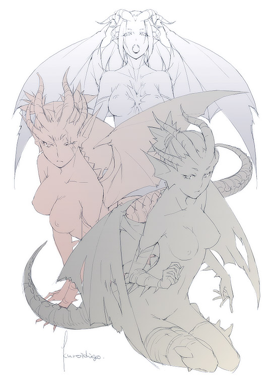 kyo (kuroichigo), tagme, 3girls, demon girl, monochrome, multiple girls