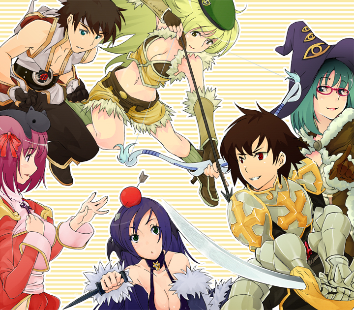 amami amayu, archer (ragnarok online), champion (ragnarok online), high priest (ragnarok online), high wizard (ragnarok online), lord knight (ragnarok online), sniper (ragnarok online), stalker, stalker (ragnarok online), ragnarok online, 2boys, 4girls, aqua hair, armor, arrow (projectile), beret, black hair, blue eyes, bow (weapon), breasts, cat, choker, cleavage, cross, detached sleeves, everyone, fingerless gloves, fur-trimmed sleeves, fur-trimmed waist cape, fur trim, gauntlets, glasses, gloves, greek cross, hair ribbon, hat, holding, holding sword, holding weapon, horns, jewelry, knife, large breasts, latin cross, marksman, medium breasts, midriff, multiple boys, multiple girls, necklace, object on head, pink hair, purple hair, red eyes, ribbon, skirt, smile, socks, sword, waist cape, weapon, witch hat
