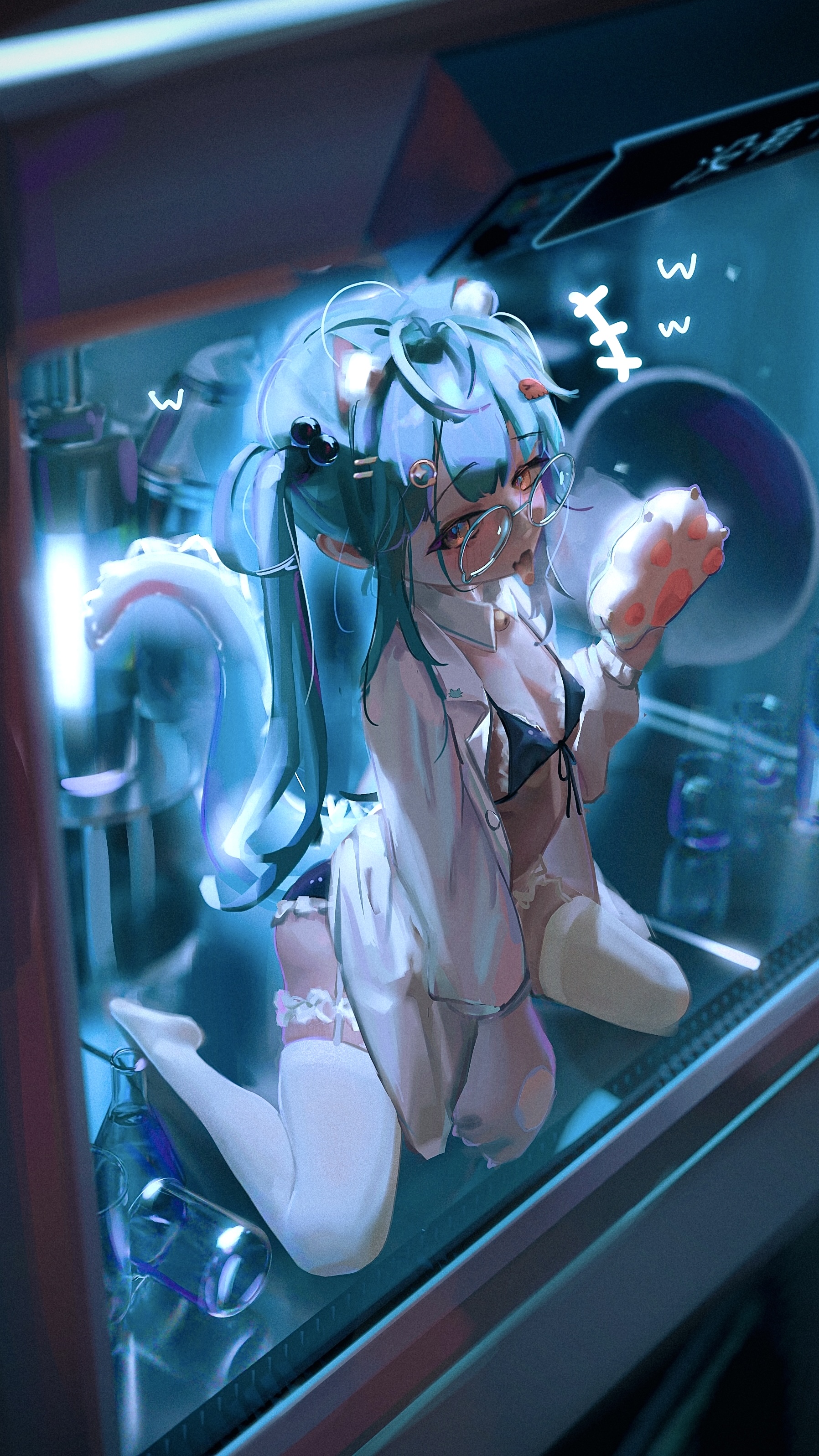hsch, original, absurdres, highres, 1girl, animal ears, animal hands, bell, bikini, black bikini, blue hair, breasts, cat ears, cat girl, cat paws, cat tail, collar, detached collar, frilled bikini, frills, front-tie top, garter straps, glasses, gloves, hair ornament, kneeling, long hair, long sleeves, looking at viewer, open clothes, open mouth, paw gloves, small breasts, solo, swimsuit, tail, thighhighs, tongue, tongue out, twintails, white collar, white thighhighs