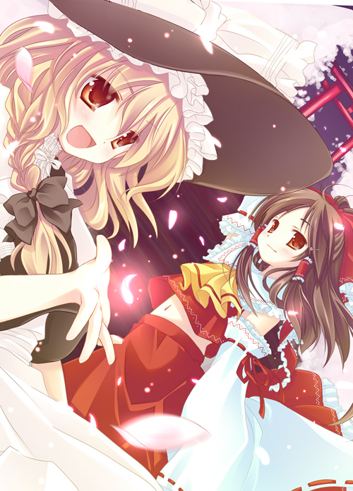 natsume eri, hakurei reimu, kirisame marisa, touhou, 2girls, ascot, bare shoulders, blonde hair, braid, brown hair, detached sleeves, dutch angle, female focus, hat, long hair, long sleeves, looking at viewer, multiple girls, puffy short sleeves, puffy sleeves, red eyes, red skirt, short sleeves, single braid, skirt, very long hair, vest, witch hat