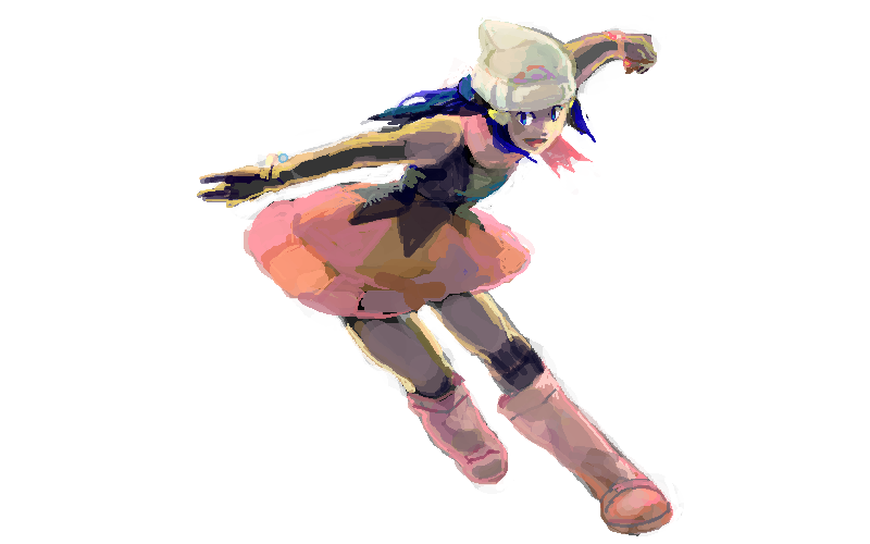 dawn (pokemon), nintendo, pokemon, 1girl, beanie, blue eyes, blue hair, boots, female focus, full body, hat, holding, holding poke ball, matching hair/eyes, pink boots, poke ball, poketch, simple background, skirt, smile, solo, throwing, throwing poke ball, watch, white background, wristwatch