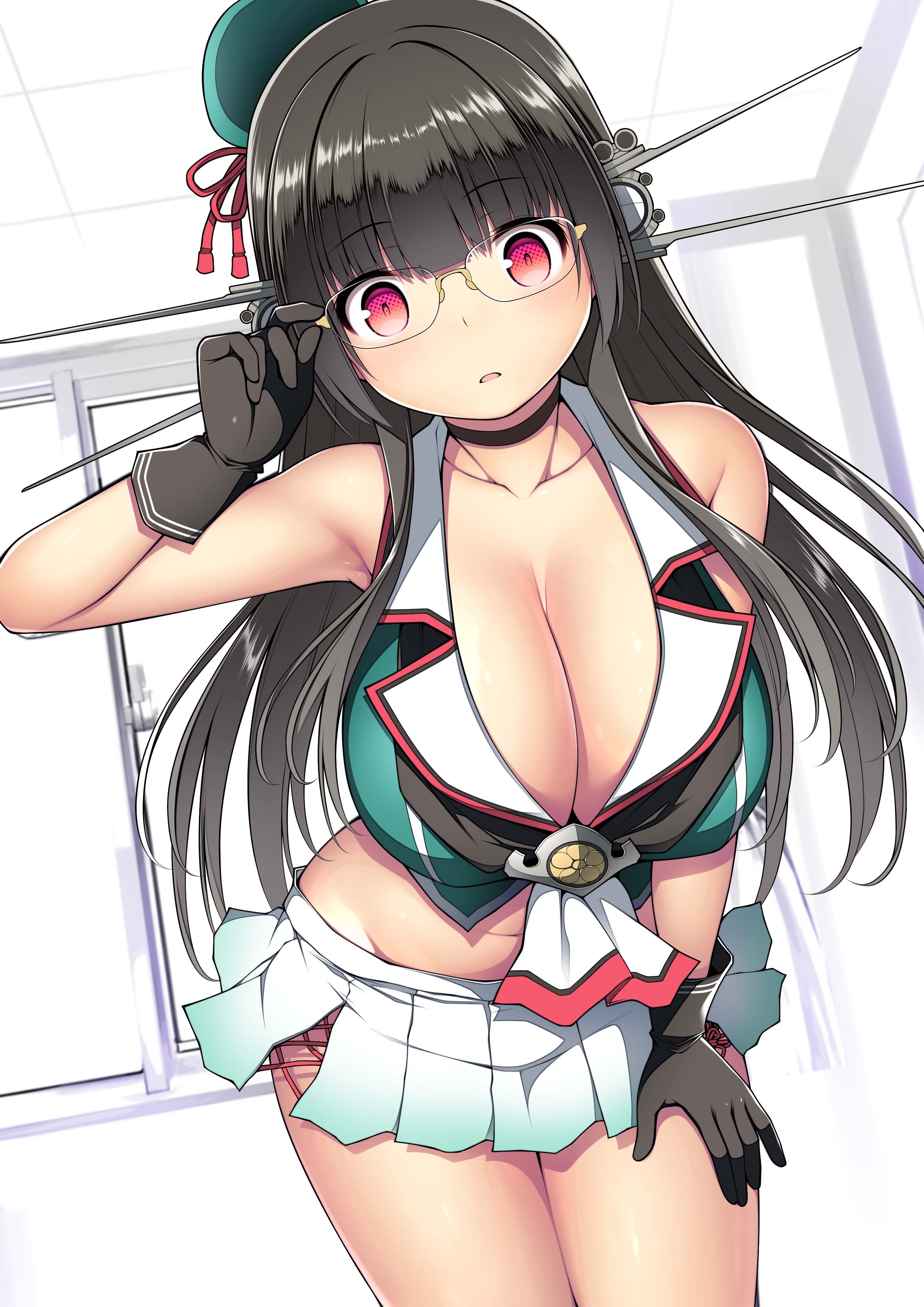 kuromayu, choukai (kancolle), choukai kai ni (kancolle), kantai collection, absurdres, highres, textless version, 1girl, adjusting eyewear, bare shoulders, beret, black choker, black gloves, black hair, blue hat, blush, breasts, choker, cleavage, crop top, glasses, gloves, hand on eyewear, hat, headgear, indoors, large breasts, leaning forward, long hair, midriff, miniskirt, parted lips, pleated skirt, red eyes, rimless eyewear, skirt, sleeveless, solo, window