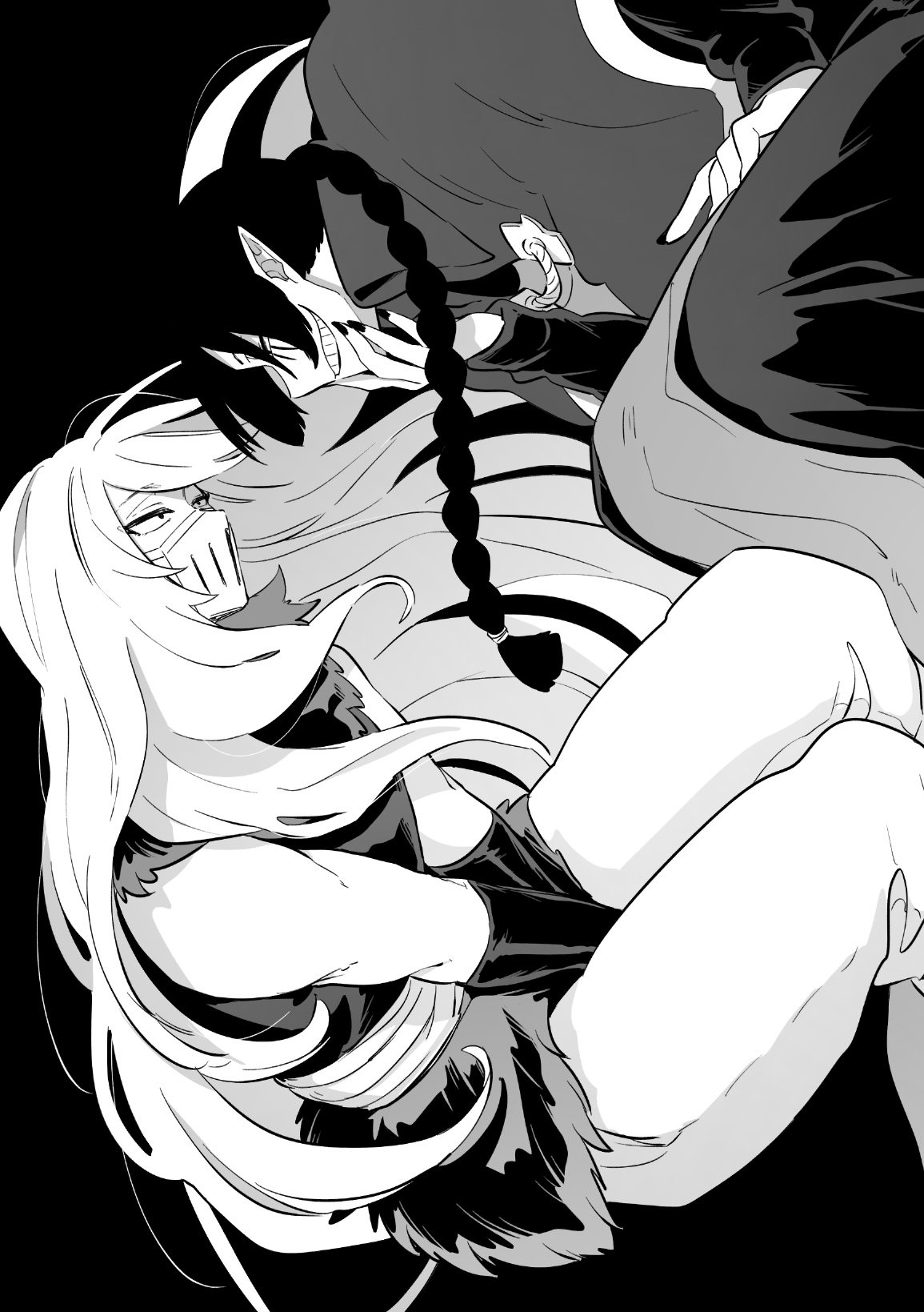 mairimashita! iruma-kun, highres, 2boys, atori (iruma-kun), balam shichiro, between legs, black background, braid, capelet, fur trim, gloves, greyscale, grin, hand between legs, isiko mim z, long hair, long sleeves, looking at another, male focus, mask, monochrome, mouth mask, multiple boys, nail polish, pants, shirt, sideways, simple background, skirt, sleeveless, sleeveless shirt, smile, very long hair