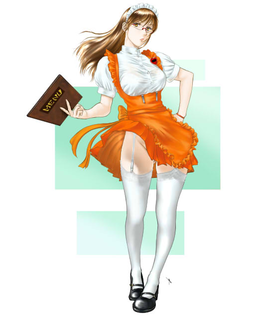 shinobu (tyno), anna miller, character request, 1girl, brown eyes, brown hair, dress, female focus, garter belt, glasses, long hair, no panties, orange dress, orange skirt, skirt, solo, thighhighs, waitress, wind, wind lift