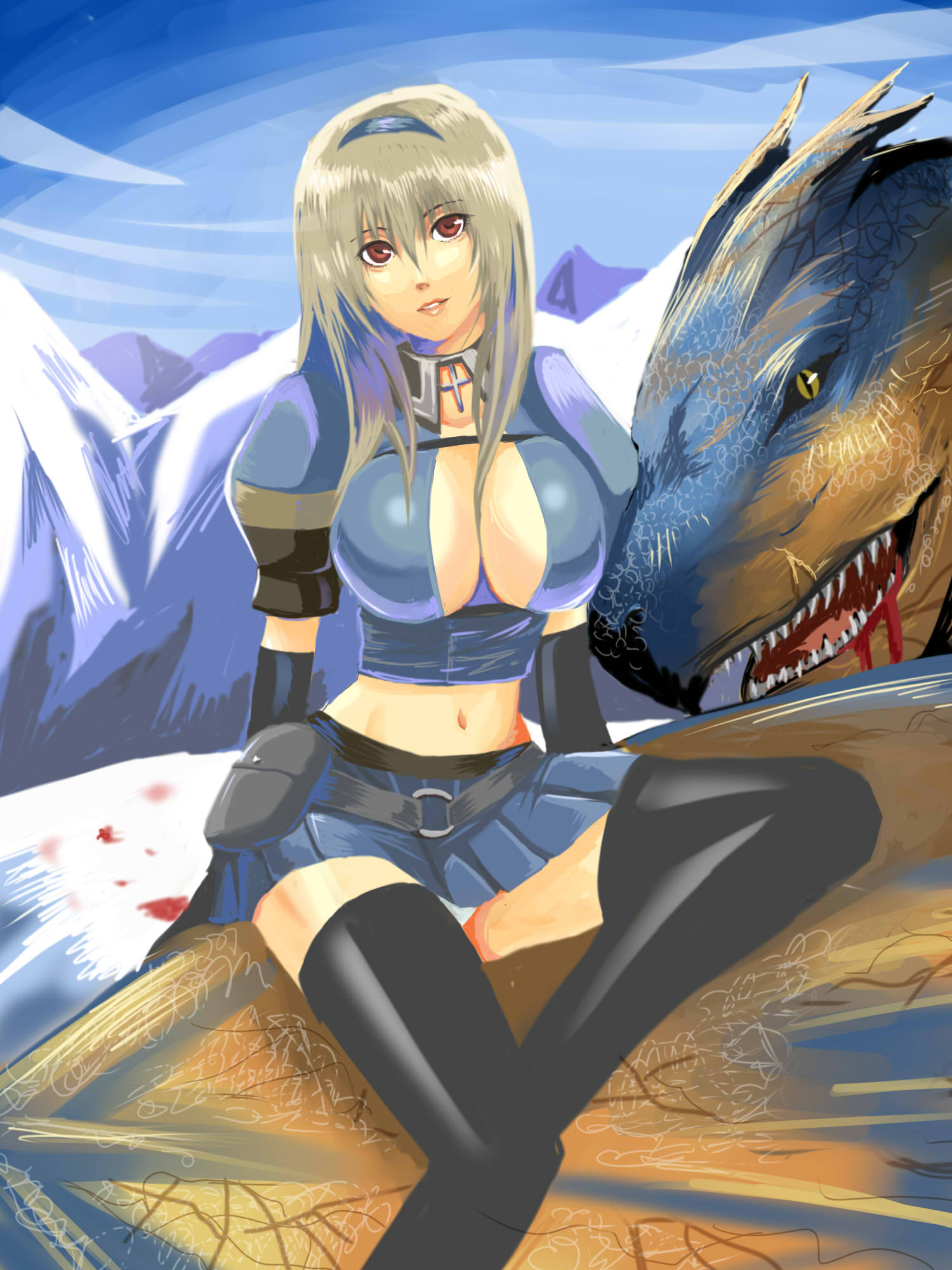 nanami ka zu sa, nanami kazusa, nanamix, tigrex, capcom, monster hunter (series), monster hunter frontier, silver hair, bad id, bad pixiv id, highres, 1girl, :d, armor, azure (armor), belt, belt bra, belt pouch, between breasts, black thighhighs, blood, breasts, cleavage, cloud, crop top, cross, day, elbow gloves, fantasy, female focus, gloves, grin, hairband, head tilt, huge breasts, large breasts, latin cross, lips, long hair, looking at viewer, looking back, midriff, mountain, nature, navel, no bra, open clothes, open mouth, open shirt, outdoors, panties, pantyshot, pleated skirt, pouch, red eyes, riding, scar, shirt, sitting, skirt, sky, slit pupils, smile, snow, solo, strap, teeth, thighhighs, turtleneck, underwear, upskirt, white panties, wide hips, wings, yellow eyes