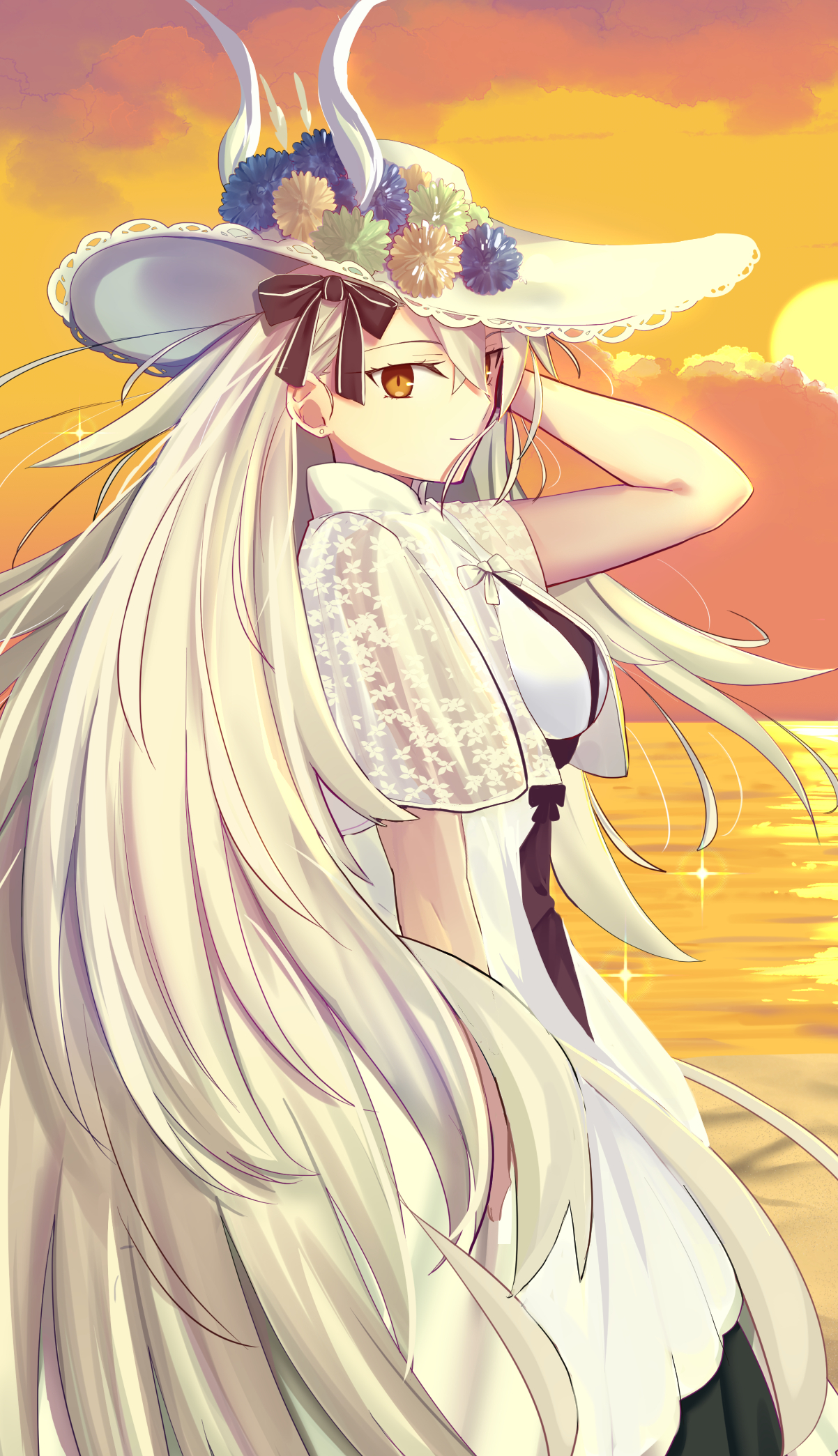 iro (sekaixiro), olga marie animusphere, u-olga marie, u-olga marie (first ascension), fate/grand order, fate (series), highres, 1girl, arm at side, arm up, beach, black ribbon, blue flower, capelet, closed mouth, cloud, crossed bangs, dress, earrings, flower, green flower, hair between eyes, hair ribbon, hat, hat flower, jewelry, large hat, long hair, looking at viewer, ocean, outdoors, ribbon, sand, see-through capelet, see-through clothes, smile, solo, stud earrings, sun, sun hat, sunset, two-tone dress, very long hair, water, white capelet, white dress, white hair, white hat, wide brim, yellow eyes, yellow flower