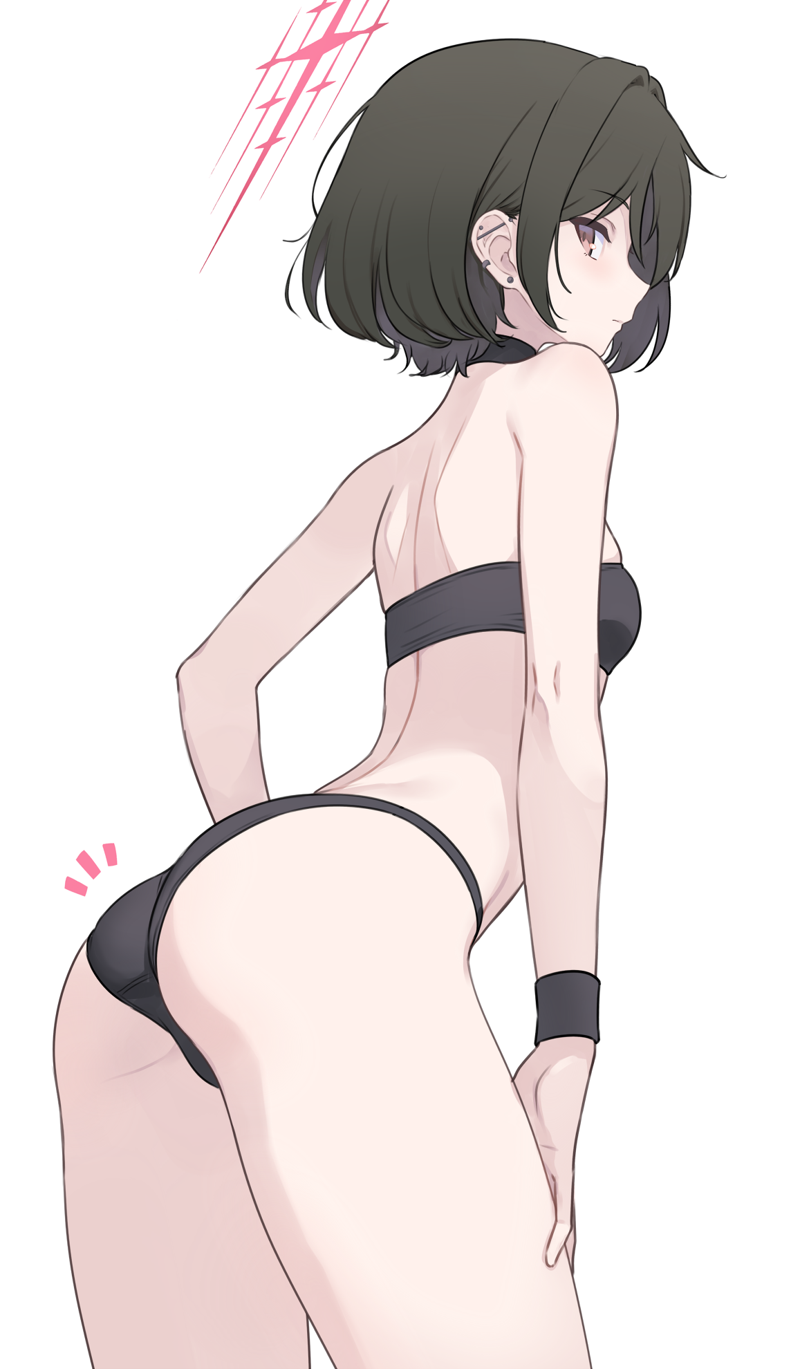 dan (kumadan), misaki (blue archive), misaki (swimsuit) (blue archive), blue archive, highres, 1girl, ass, bare shoulders, bikini, black bikini, black hair, blush, breasts, choker, halo, looking at viewer, looking back, red eyes, short hair, small breasts, solo, swimsuit, thighs