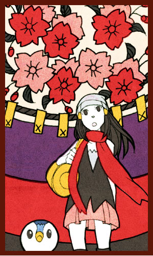 dawn (pokemon), piplup, pochama, nintendo, pokemon, bookbag, lowres, 1girl, bag, beanie, border, brown eyes, brown hair, card, card (medium), cherry blossoms, flower, gen 4 pokemon, hanafuda, hat, pokemon (creature), red scarf, scarf, skirt