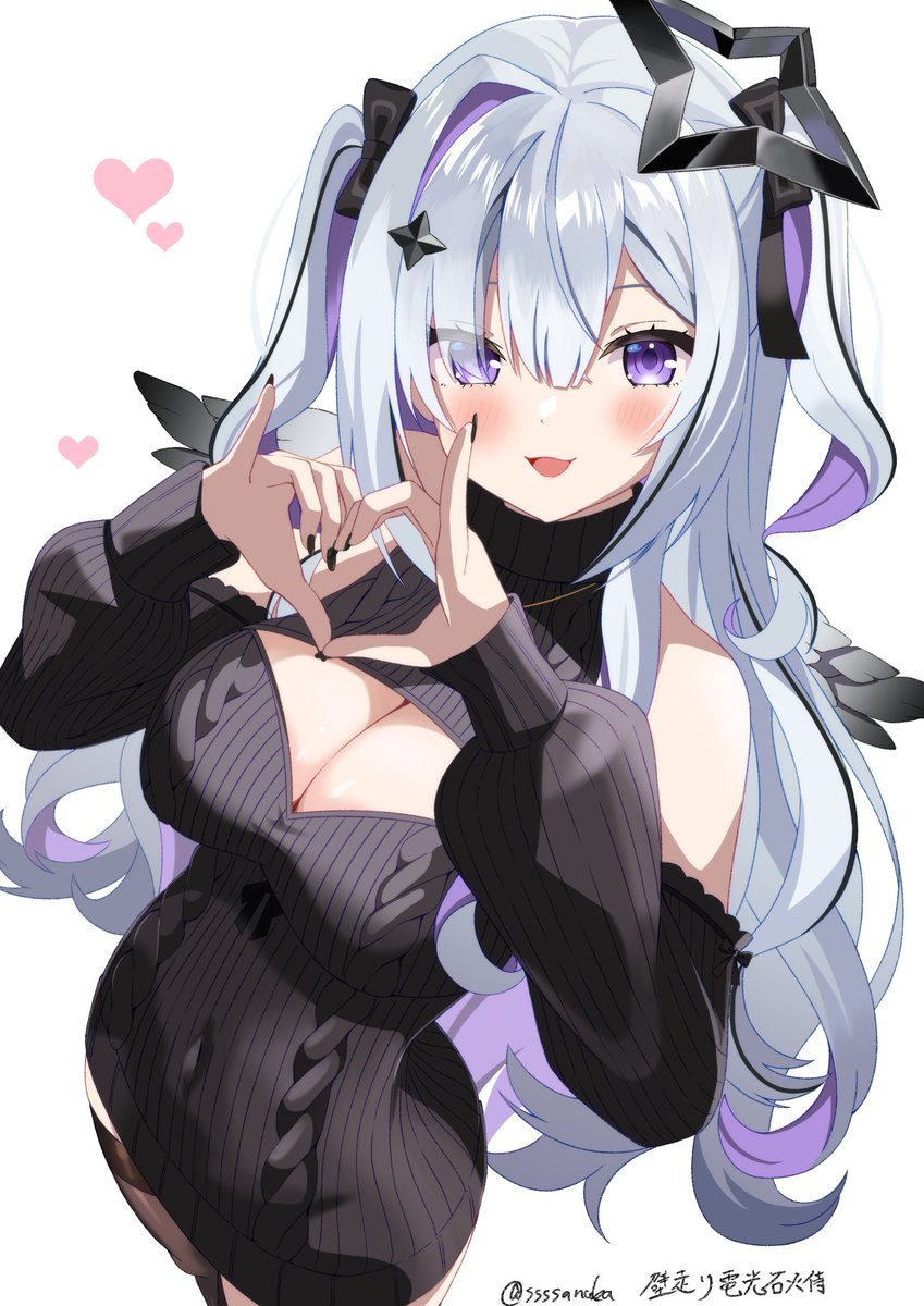 ssssanuka, amane konata, hololive, highres, 1girl, bare shoulders, black halo, black sleeves, black sweater, blush, breasts, cleavage, cowboy shot, detached sleeves, dress, grey hair, halo, heart, heart hands, large breasts, multicolored hair, purple eyes, purple hair, sleeveless, sleeveless sweater, solo, star halo, sweater, sweater dress, twitter username, two-tone hair, two side up, virtual youtuber