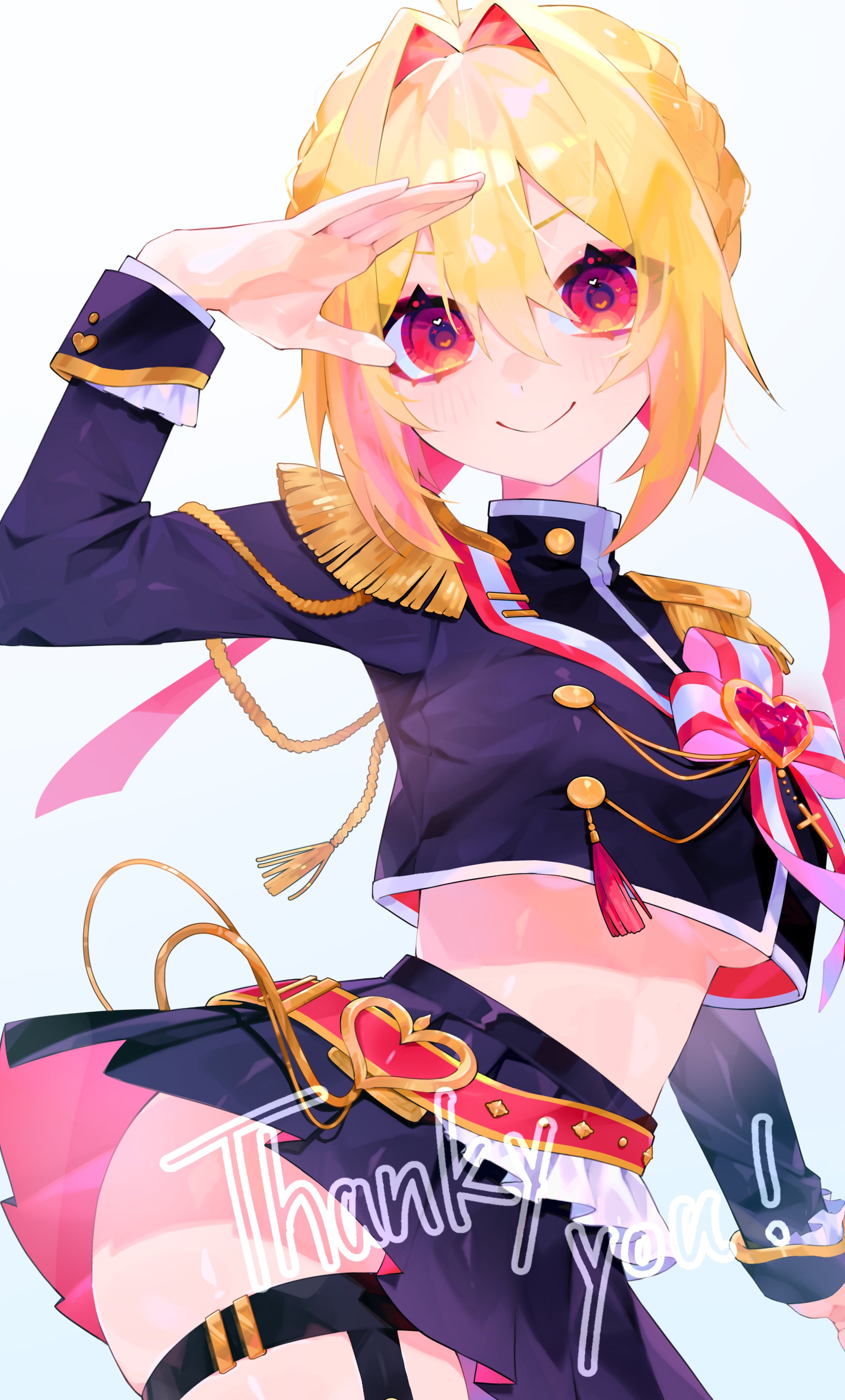 n. (plaw 01), original, absurdres, commentary request, commission, highres, skeb commission, 1girl, ahoge, arm at side, arm up, belt, black jacket, black skirt, blonde hair, breasts, buttons, closed mouth, contrapposto, cowboy shot, crop top, cropped jacket, double-breasted, double-parted bangs, english text, eyebrows hidden by hair, frilled sleeves, frills, gold buttons, gold trim, hair between eyes, hair intakes, hair ribbon, heart, jacket, long sleeves, looking at viewer, medium breasts, midriff, miniskirt, pink skirt, pleated skirt, red belt, red eyes, red ribbon, ribbon, short hair, sidelocks, simple background, skirt, smile, solo, standing, studded belt, thigh strap, turtleneck, turtleneck jacket, two-sided fabric, two-sided skirt, underboob, v-shaped eyebrows, white background, white trim