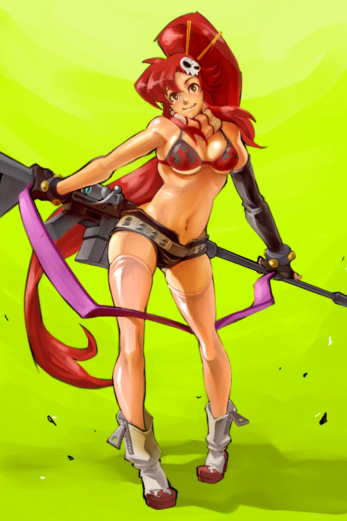 raizou, yoko littner, tengen toppa gurren lagann, 00s, 1girl, bare shoulders, belt, bikini, bikini top only, boots, breasts, brown eyes, chopsticks, cleavage, elbow gloves, female focus, gloves, gun, hair ornament, hairclip, large breasts, long hair, midriff, navel, ponytail, red hair, rifle, short shorts, shorts, sideboob, smile, solo, swimsuit, thighhighs, underboob, very long hair, weapon