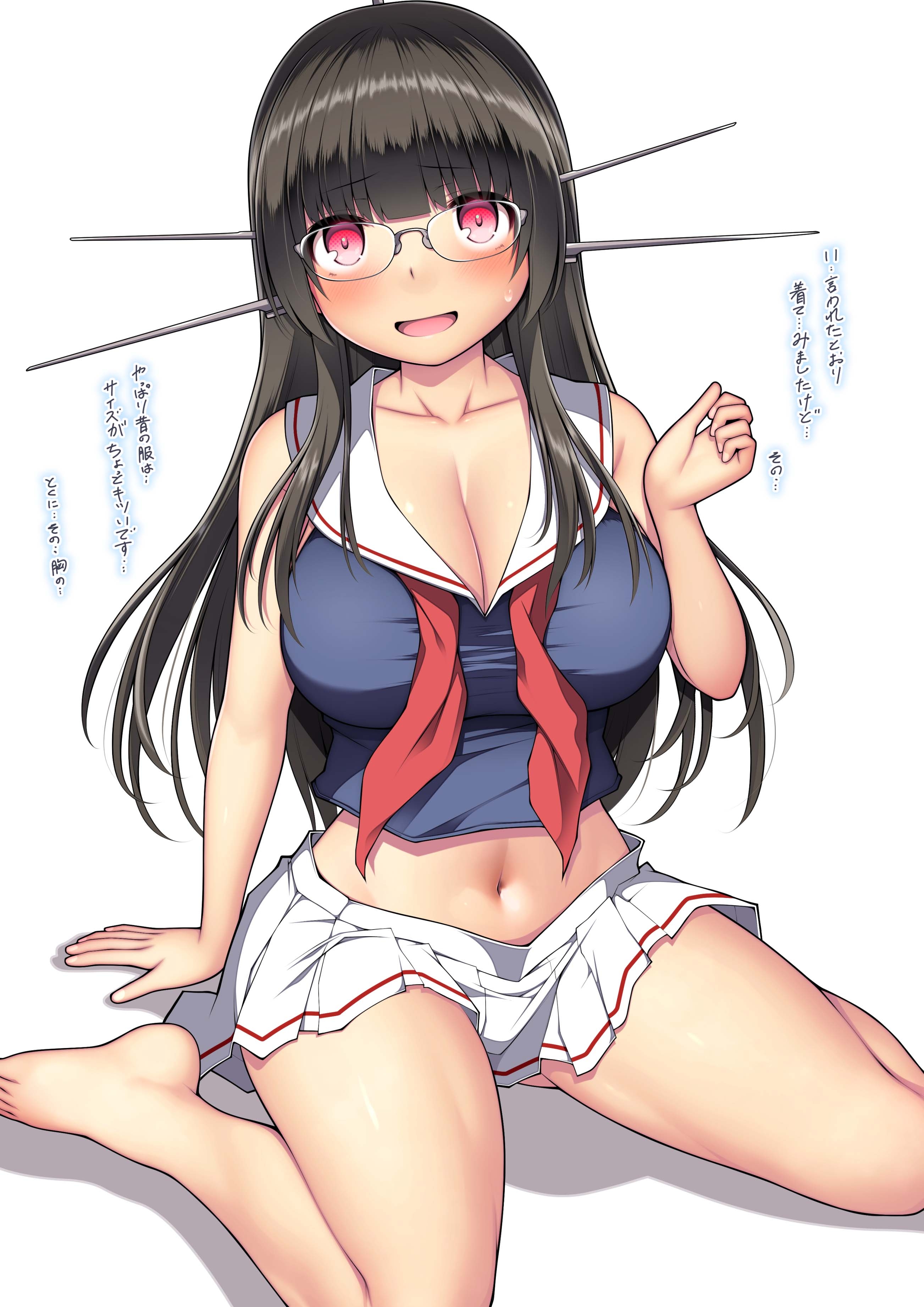 kuromayu, choukai (kancolle), kantai collection, absurdres, highres, translation request, 1girl, barefoot, black hair, blunt bangs, blush, breasts, cleavage, crop top, glasses, headgear, large breasts, long hair, looking at viewer, miniskirt, neckerchief, open mouth, pink eyes, pleated skirt, red neckerchief, sailor collar, shirt, simple background, sitting, skirt, sleeveless, sleeveless shirt, solo, sweat, undone neckerchief, white background, white sailor collar, white skirt