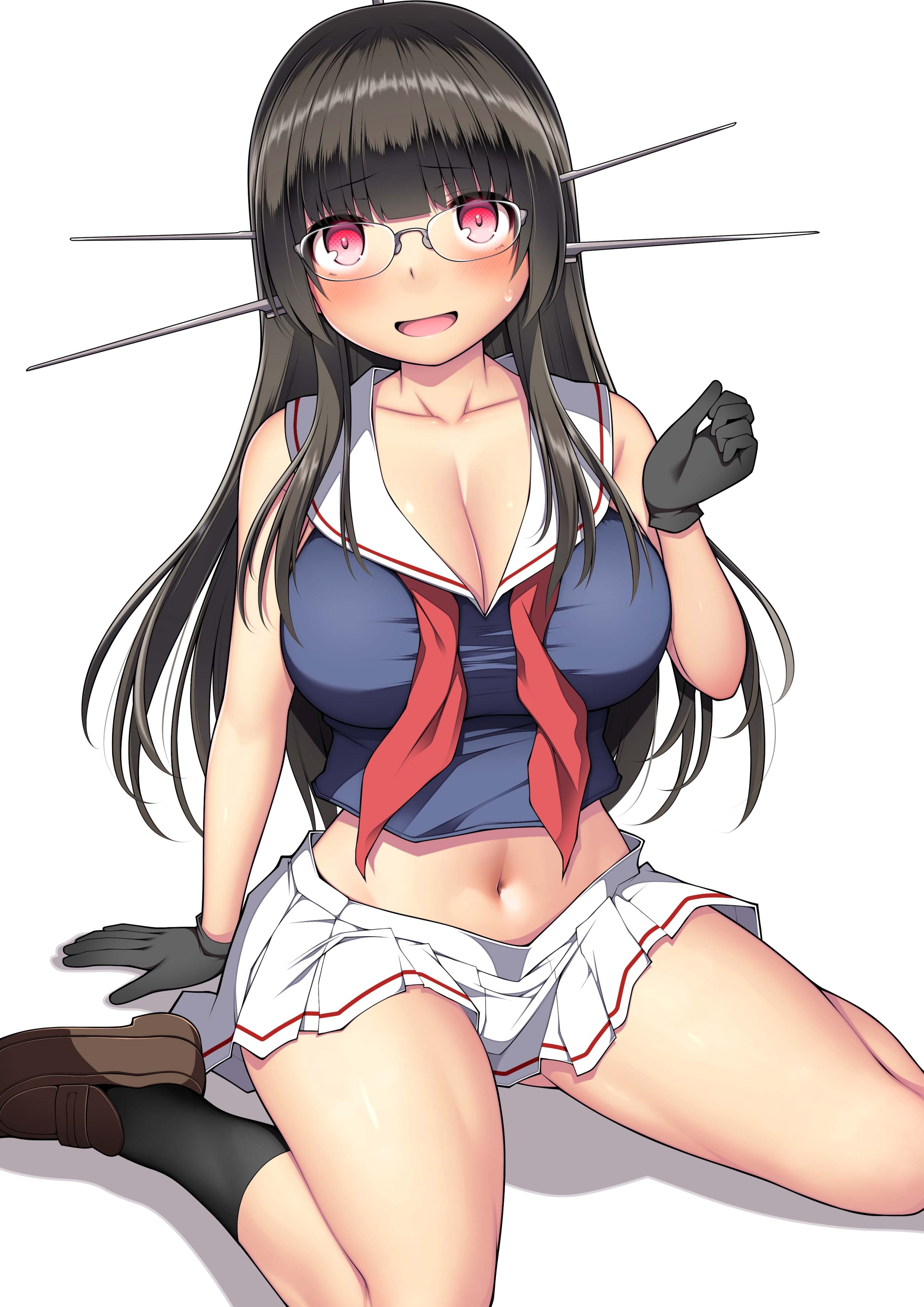 kuromayu, choukai (kancolle), kantai collection, absurdres, highres, 1girl, black gloves, black hair, blunt bangs, blush, breasts, cleavage, crop top, glasses, gloves, headgear, large breasts, long hair, looking at viewer, miniskirt, neckerchief, open mouth, pink eyes, pleated skirt, red neckerchief, sailor collar, shirt, simple background, sitting, skirt, sleeveless, sleeveless shirt, solo, sweat, undone neckerchief, white background, white sailor collar, white skirt