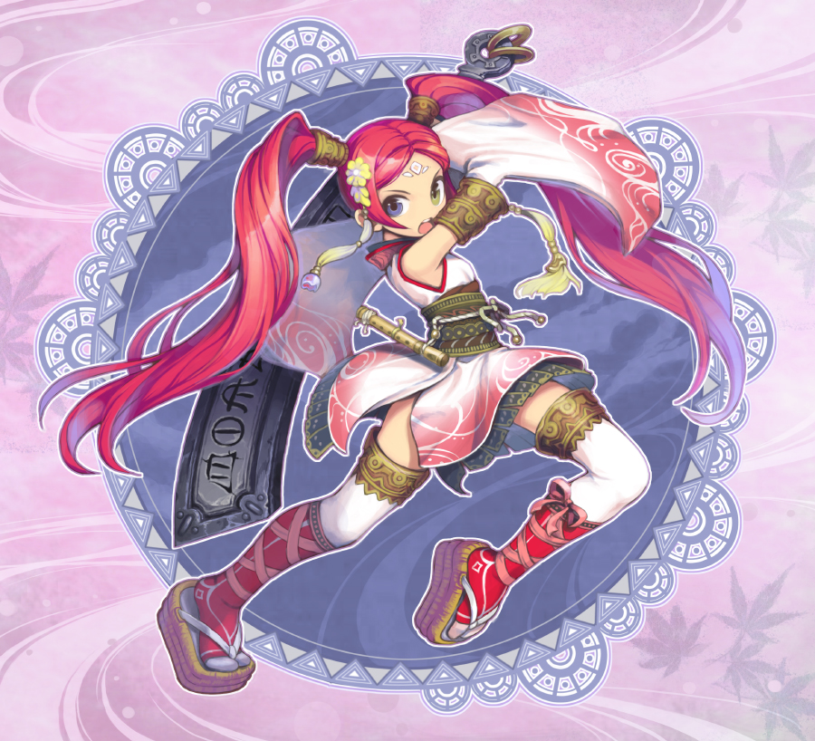 kurokurokuro, original, fantasy, flute, heterochromia, instrument, long sleeves, red hair, sandals, sword, thighhighs, twintails, weapon