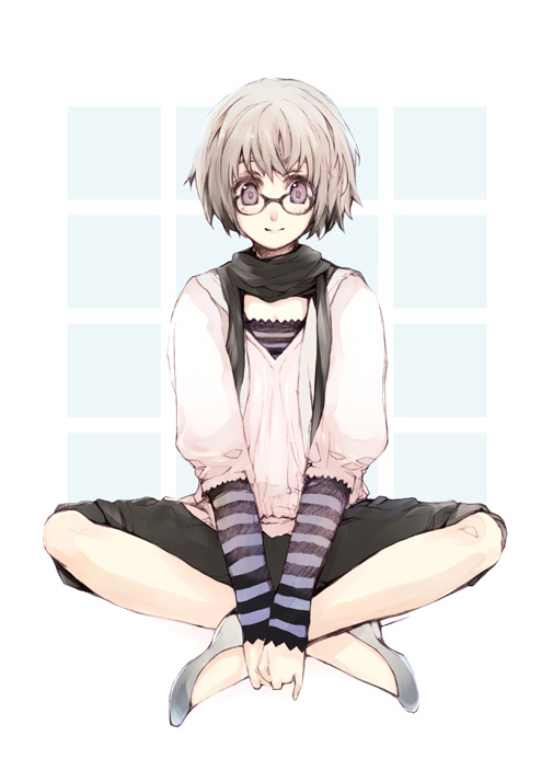 fujishima, fujishima (raving phantom), original, 1girl, crossed legs, female focus, glasses, grid background, indian style, layered sleeves, sitting, solo