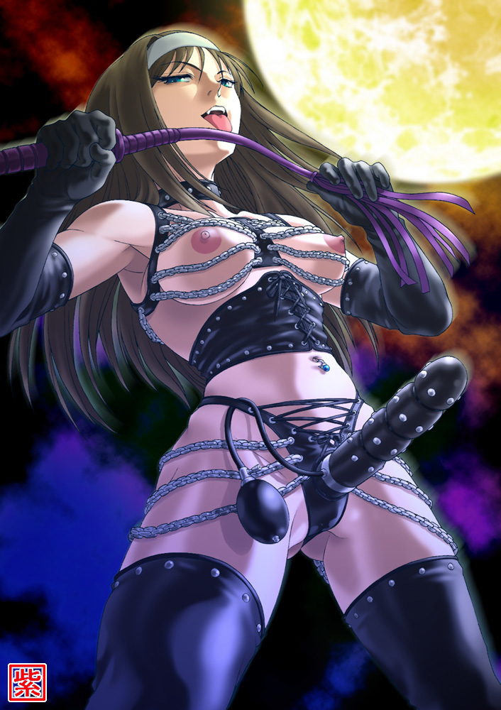 tohno akiha, tsukihime, 00s, 1girl, bdsm, black hair, blue eyes, breasts, chain, choker, corset, dildo, dominatrix, elbow gloves, female focus, full moon, gloves, large breasts, licking, long hair, looking at viewer, moon, naughty face, navel piercing, nipples, open mouth, outdoors, piercing, sex toy, smile, solo, spiked dildo, strap-on, thighhighs, tongue, whip, you gonna get raped