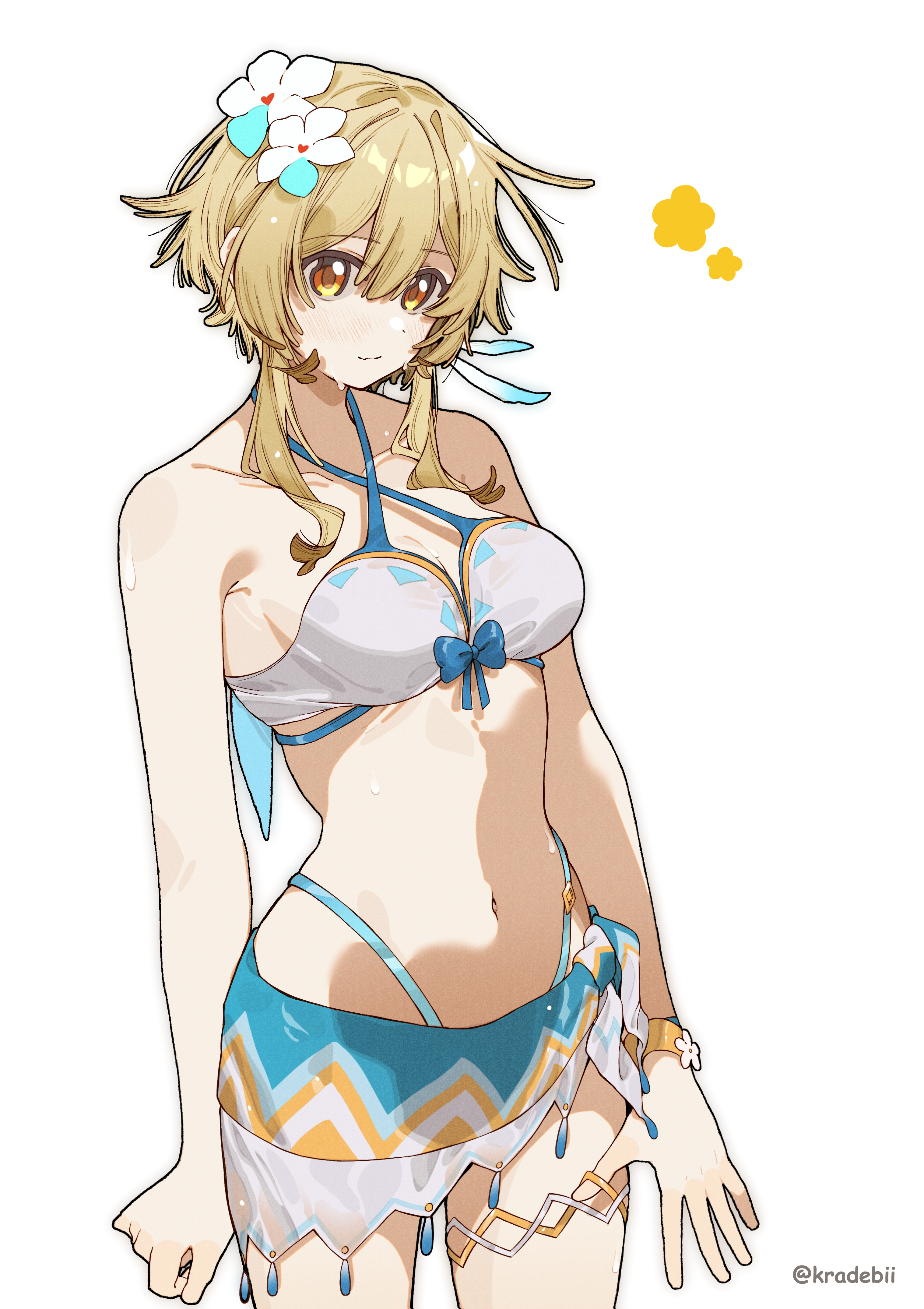 kradebii, lumine (genshin impact), lumine (hot springs) (genshin impact), genshin impact, absurdres, commentary, highres, 1girl, aqua skirt, bare shoulders, bikini, bikini skirt, blonde hair, blush, breasts, cleavage, closed mouth, collarbone, cowboy shot, criss-cross halter, feather hair ornament, feathers, flower, hair between eyes, hair flower, hair ornament, halterneck, highleg, highleg bikini, looking at viewer, medium breasts, multicolored flower, navel, official alternate costume, short hair with long locks, side-tie skirt, sidelocks, simple background, skirt, solo, standing, stomach, swimsuit, thigh strap, twitter username, white background, white bikini, white flower, yellow eyes