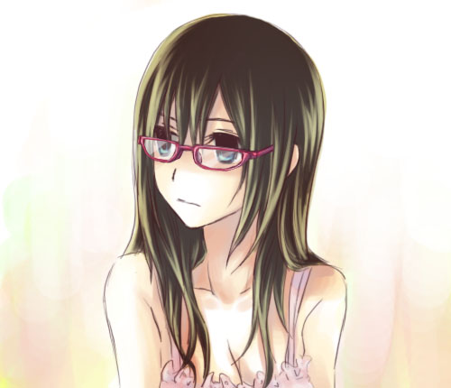 ateru, original, lowres, 1girl, aqua eyes, bare shoulders, blue eyes, breasts, brown hair, cleavage, female focus, glasses, long hair, medium breasts, red-framed eyewear, solo, upper body