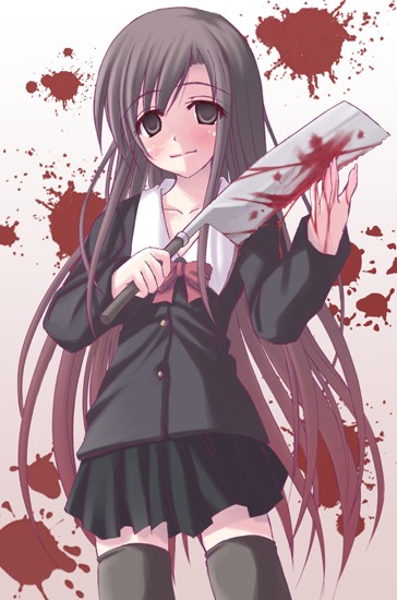kago no tori, katsura kotonoha, school days, 00s, 1girl, blood, bow, female focus, knife, red bow, school uniform, serafuku, solo, thighhighs, yandere, zettai ryouiki