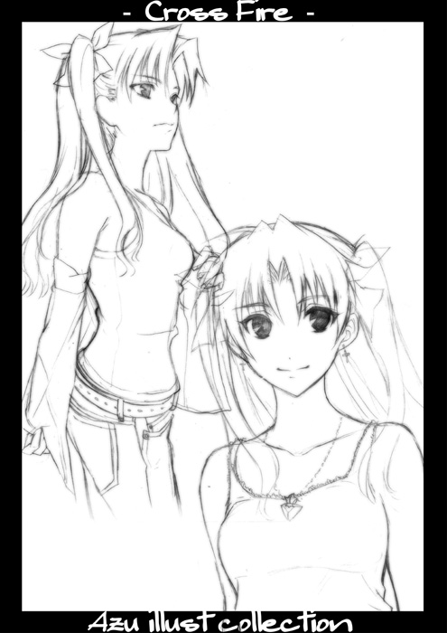 azu, tohsaka rin, fate/stay night, fate (series), 00s, 1girl, casual, english text, greyscale, monochrome, off shoulder, sketch