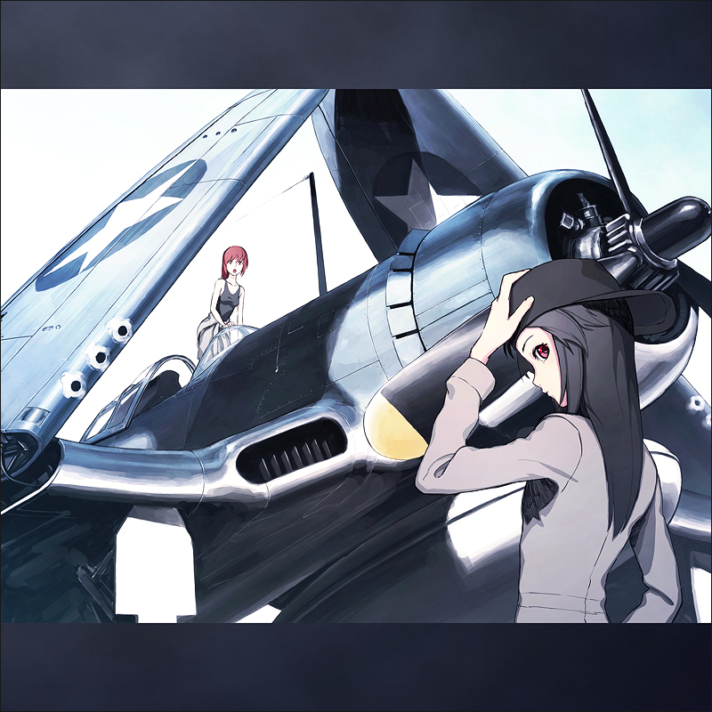 iwai ryou, f4u corsair, original, 2girls, aircraft, airplane, hat, military, military vehicle, multiple girls, propeller fighter, world war ii