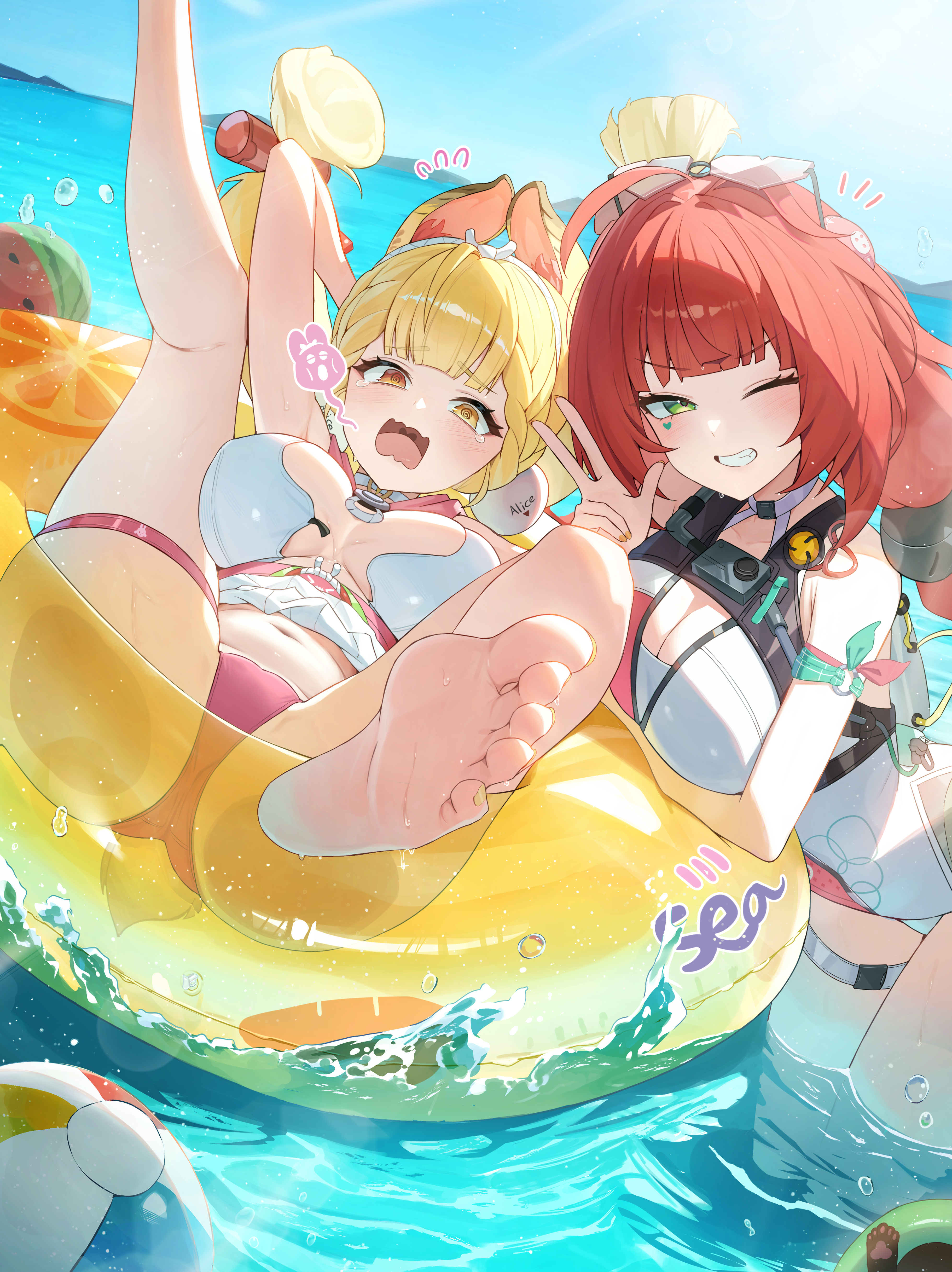 unnunal (unneonal), alice thymefield, alice thymefield (sea of thyme), ukinami yuzuha, ukinami yuzuha (tanuki in broad daylight), zenless zone zero, absurdres, highres, 2girls, animal ears, bare shoulders, barefoot, blonde hair, blush, braid, breasts, cleavage, eyewear on head, feet, green eyes, grin, hair ornament, heart, heart-shaped eyewear, heterochromia, large breasts, long hair, looking at viewer, multiple girls, official alternate costume, one-piece swimsuit, one eye closed, rabbit ears, rabbit girl, red eyes, red hair, smile, sphere hair ornament, swimsuit, thigh strap, thighs, twintails, two-tone one-piece swimsuit, very long hair, yellow eyes, yellow innertube
