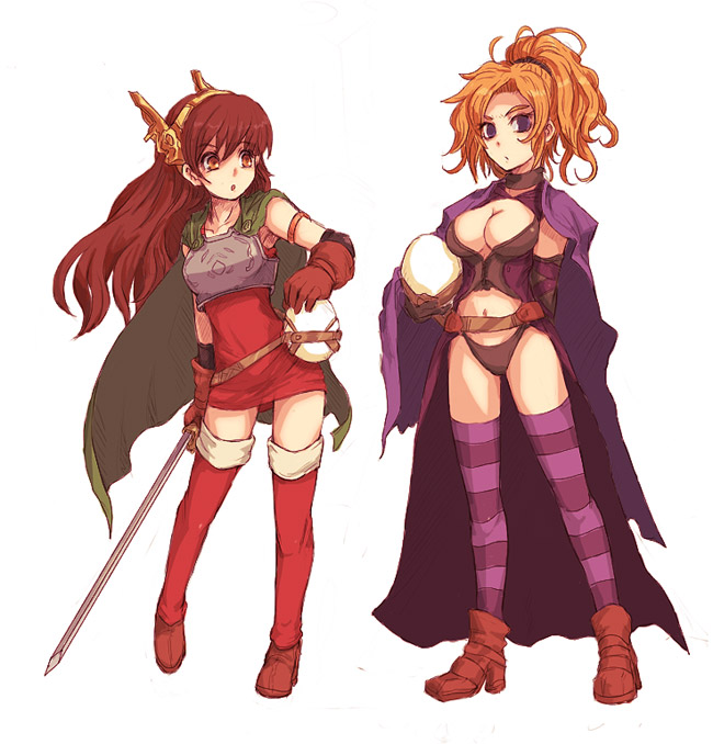 kara (color), striped legwear, 2girls, fantasy, long hair, multiple girls, striped clothes, striped thighhighs, thighhighs