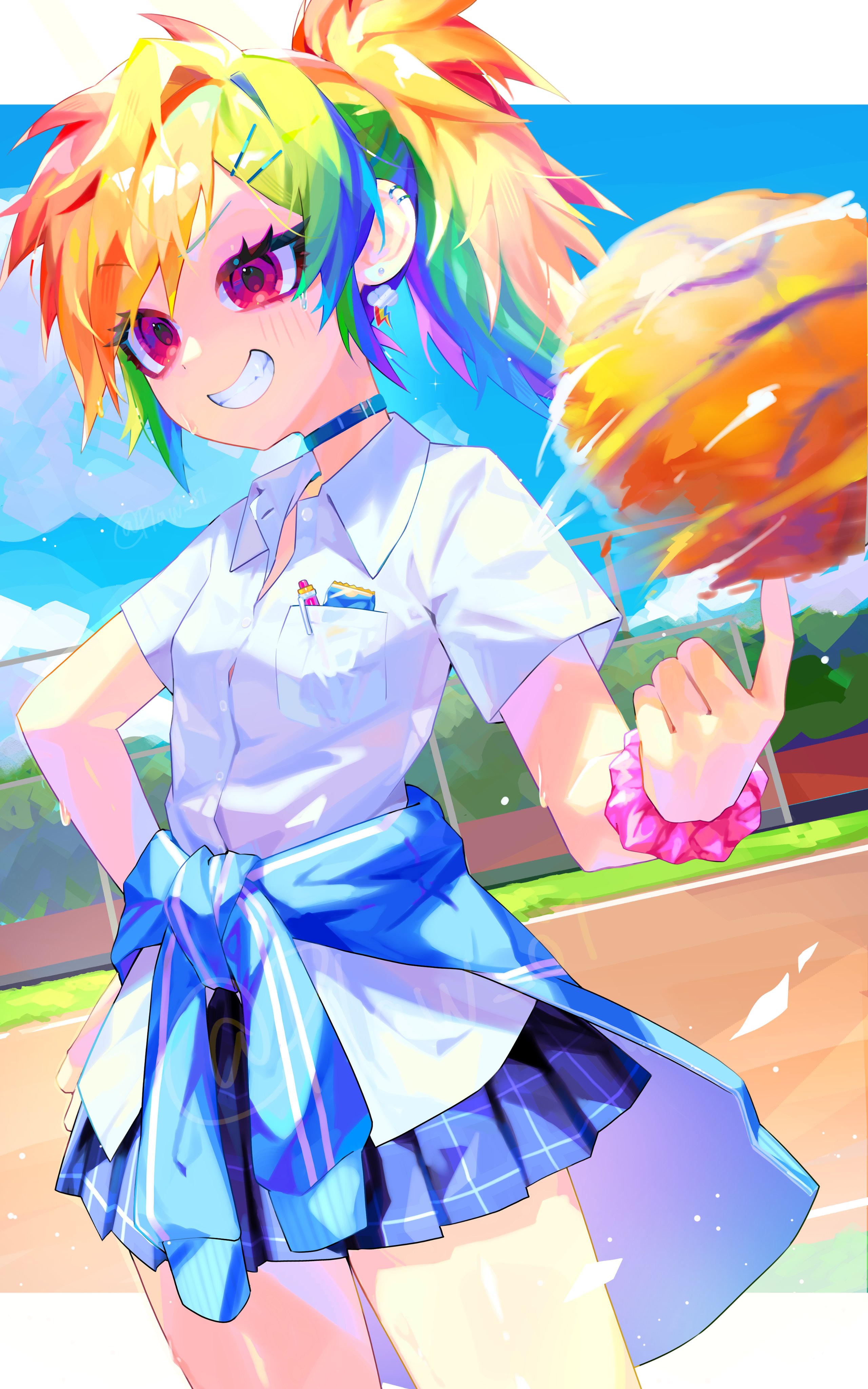 n. (plaw 01), rainbow dash, my little pony, my little pony: friendship is magic, absurdres, commentary, english commentary, highres, 1girl, :d, alternate skin color, ball, basketball (object), blonde hair, blue choker, blue hair, blue jacket, blue skirt, blue sky, border, breasts, bush, choker, clothes around waist, cloud, collared shirt, cowboy shot, cutie mark, day, dutch angle, ear piercing, earrings, eyelashes, fence, grass, green hair, grin, hair between eyes, hair ornament, hand on own hip, hand up, high ponytail, holding, holding ball, jacket, jacket around waist, jewelry, light particles, long hair, looking ahead, miniskirt, multicolored hair, object in pocket, open mouth, orange hair, outdoors, outside border, pen in pocket, personification, piercing, pink eyes, pink scrunchie, plaid clothes, plaid skirt, pleated skirt, pocket, ponytail, purple hair, rainbow hair, red hair, scrunchie, shirt, short sleeves, skirt, sky, small breasts, smile, solo, standing, streaked hair, sweat, swept bangs, tree, twitter username, v-shaped eyebrows, white border, white shirt, wrist scrunchie