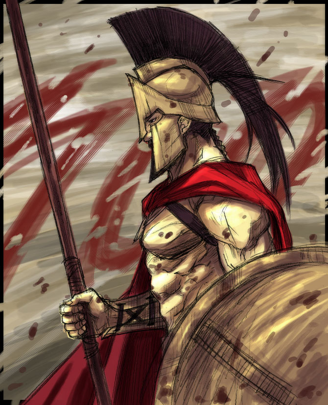 tetsu (kimuchi), leonidas, 300 (movie), 1boy, cape, corinthian helmet, helmet, male focus, muscular, polearm, shield, solo, spear, vambraces, weapon