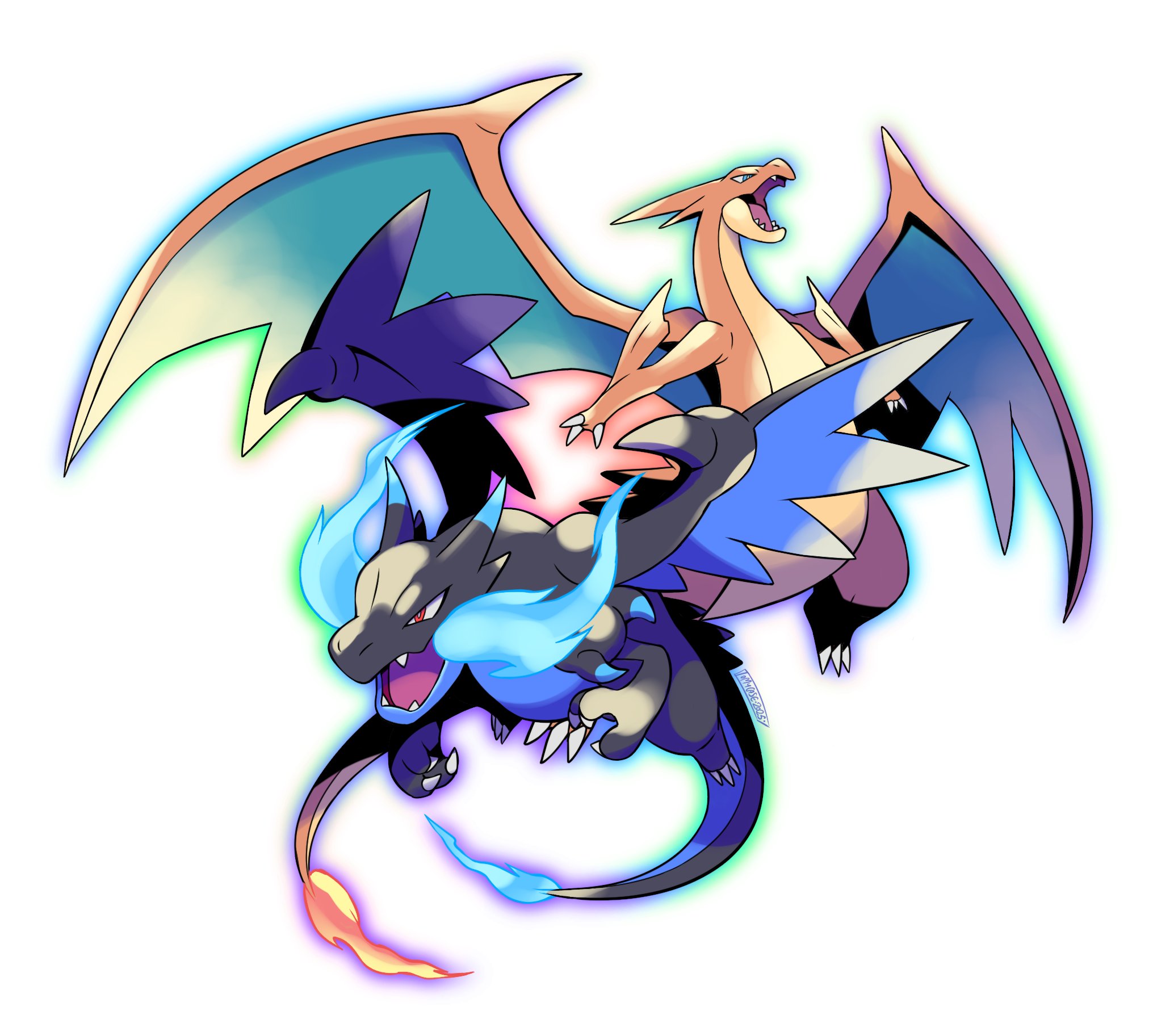tomycase, charizard, mega charizard x, mega charizard y, nintendo, pokemon, highres, blue fire, dragon, fangs, fire, full body, gen 1 pokemon, lizard, mega pokemon, no humans, pokemon (creature), sharp teeth, simple background, teeth, white background