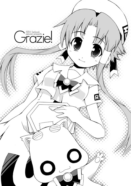 nekonin, aria pokoteng, mizunashi akari, aria (manga), 00s, 1girl, animal, beret, blouse, blush, bow, bowtie, brooch, cat, closed mouth, dress, female focus, gem, greyscale, hair tubes, hat, jewelry, long hair, looking at viewer, monochrome, shirt, short hair with long locks, sidelocks, simple background, smile, solo, very long hair, white background, white shirt