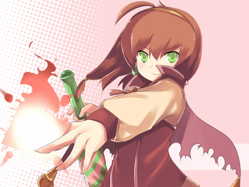 johnny funamushi, lilka eleniak, wild arms, wild arms 2, 1girl, ahoge, brown hair, cape, closed umbrella, female focus, green eyes, hairband, long hair, low-tied long hair, magic, pink background, smile, solo, umbrella