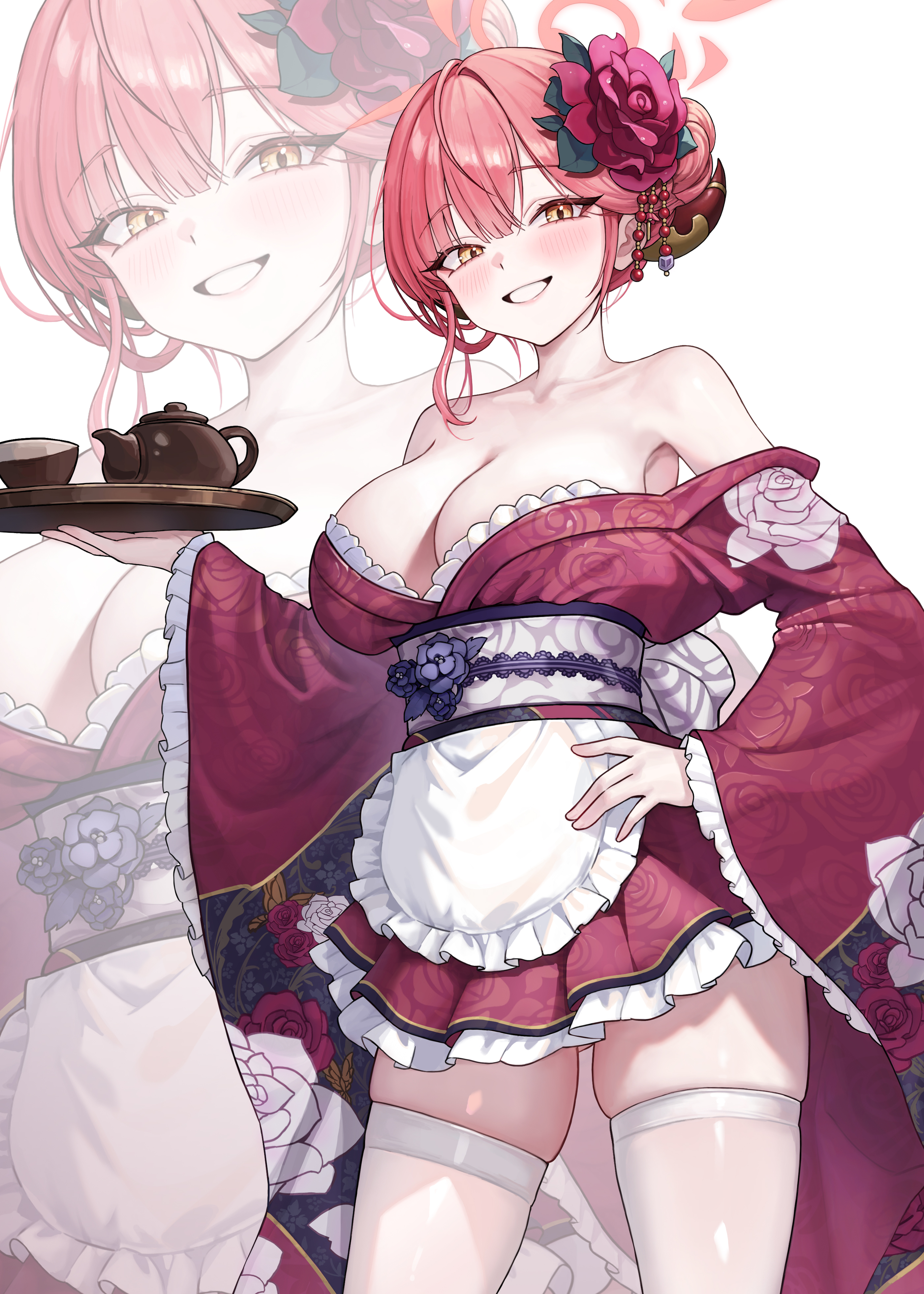 aru (blue archive), blue archive, absurdres, highres, 1girl, alternate costume, alternate hairstyle, apron, bare shoulders, breasts, cleavage, collarbone, cup, demon horns, floral print, floral print kimono, flower, frilled apron, frilled kimono, frills, grin, hair flower, hair ornament, halo, hand on own hip, holding, holding tray, horns, japanese clothes, kanzashi, kimono, large breasts, long sleeves, looking at viewer, mii ee2, obi, obiage, obijime, off shoulder, pink eyes, print kimono, red flower, red hair, red horns, sash, simple background, smile, teacup, teapot, thighhighs, tray, waist apron, white apron, white background, white thighhighs, wide sleeves, yellow eyes, zoom layer