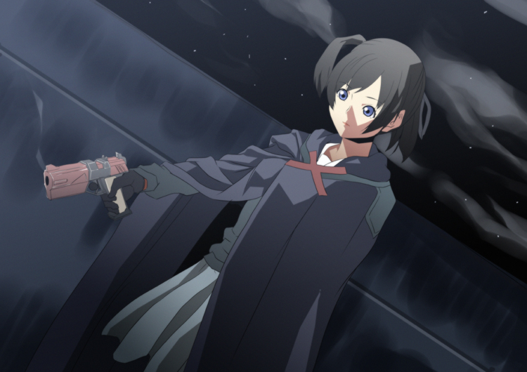 date (senpen), noguchi monaka, a kite, kite liberator, 00s, 1girl, female focus, gun, handgun, pistol, solo, star (sky), weapon