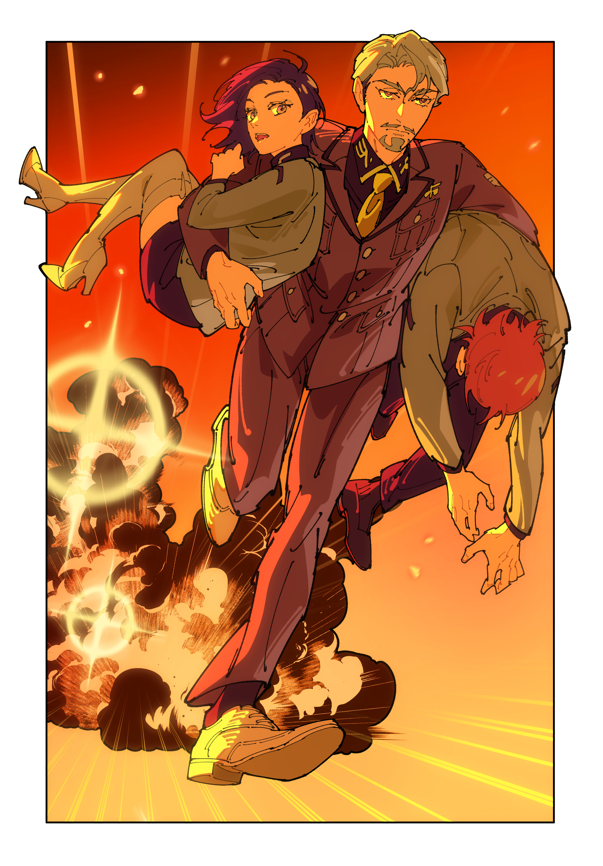 444 fofofo, challia bull, comoli harcourt, xavier olivette, gundam, gundam gquuuuuux, absurdres, highres, 1girl, 2boys, beard, black hair, bomb, breasts, brown hair, carrying, carrying person, collared shirt, explosion, explosion background, explosive, facial hair, forehead, green eyes, green hair, holding, jacket, long sleeves, looking at viewer, military jacket, military uniform, multiple boys, mustache, necktie, open mouth, running, shirt, short hair, skirt, smoke, yellow eyes