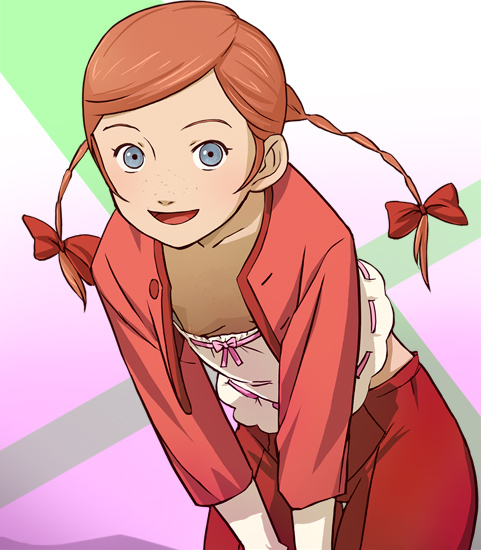 haruyama kazunori, lotta brest, project blue chikyuu sos, 00s, 1girl, areola slip, blue eyes, bow, braid, camisole, collarbone, downblouse, female focus, flat chest, freckles, hair bow, leaning forward, long hair, looking at viewer, midriff, no bra, open mouth, orange hair, smile, solo, twin braids