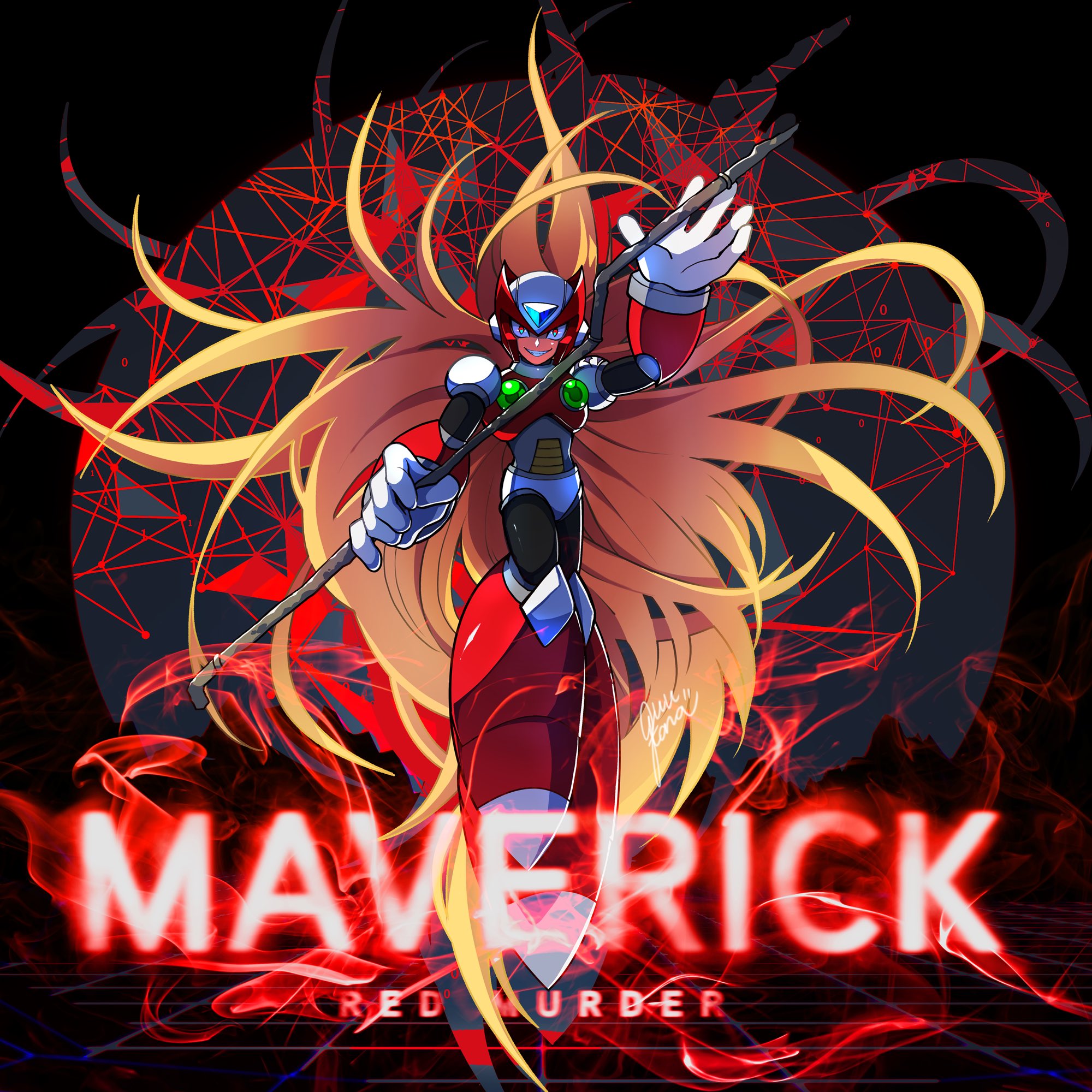 guutara, zero (mega man), mega man (series), mega man x4, mega man x (series), commentary, highres, symbol-only commentary, 1boy, armor, black background, blonde hair, chest jewel, english text, floating hair, forehead jewel, full body, helmet, holding, holding lead pipe, lead pipe, long hair, male focus, parted lips, red armor, red eyes, red helmet, red theme, smirk, solo, teeth