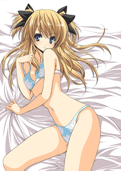yukiwo, shalon, quiz magic academy, 1girl, bare shoulders, bed sheet, bikini, blonde hair, blue eyes, female focus, long hair, lying, navel, on side, solo, swimsuit, thighs