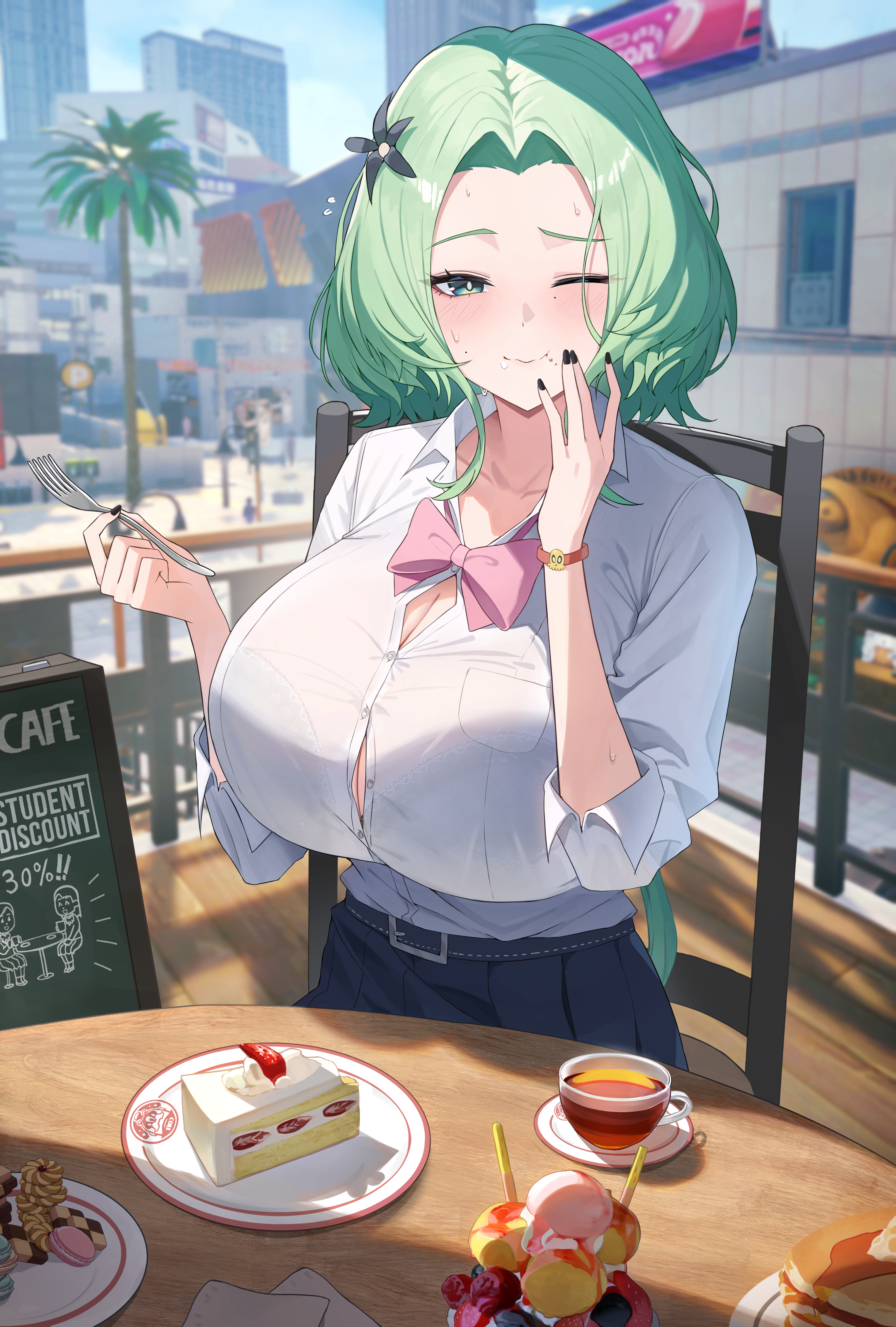 unnunal (unneonal), isolde (zenless zone zero), zenless zone zero, absurdres, highres, 1girl, alternate costume, black nails, black skirt, blush, bow, bowtie, bra visible through clothes, bracelet, breasts, button gap, cake, cake slice, day, dessert, food, food on face, fork, game screenshot background, green eyes, grey hair, holding, holding fork, huge breasts, jewelry, long hair, one eye closed, outdoors, pink bow, pink bowtie, pleated skirt, screenshot background, shirt, sitting, skirt, solo, strawberry shortcake, sweatdrop, white shirt